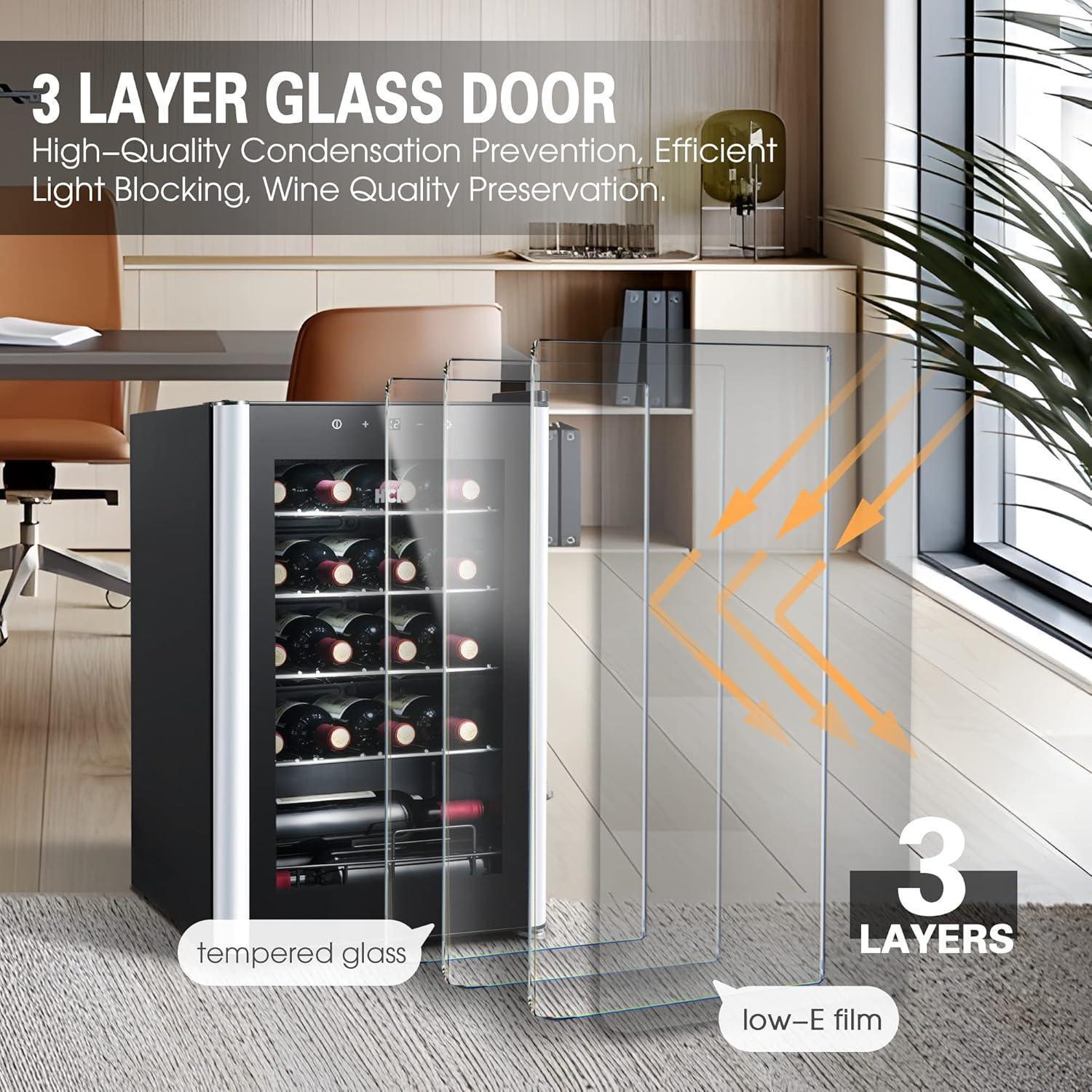 HCK 24 Bottles Wine Cooler has layer glass door to design. It can high-quality condensation prevention.