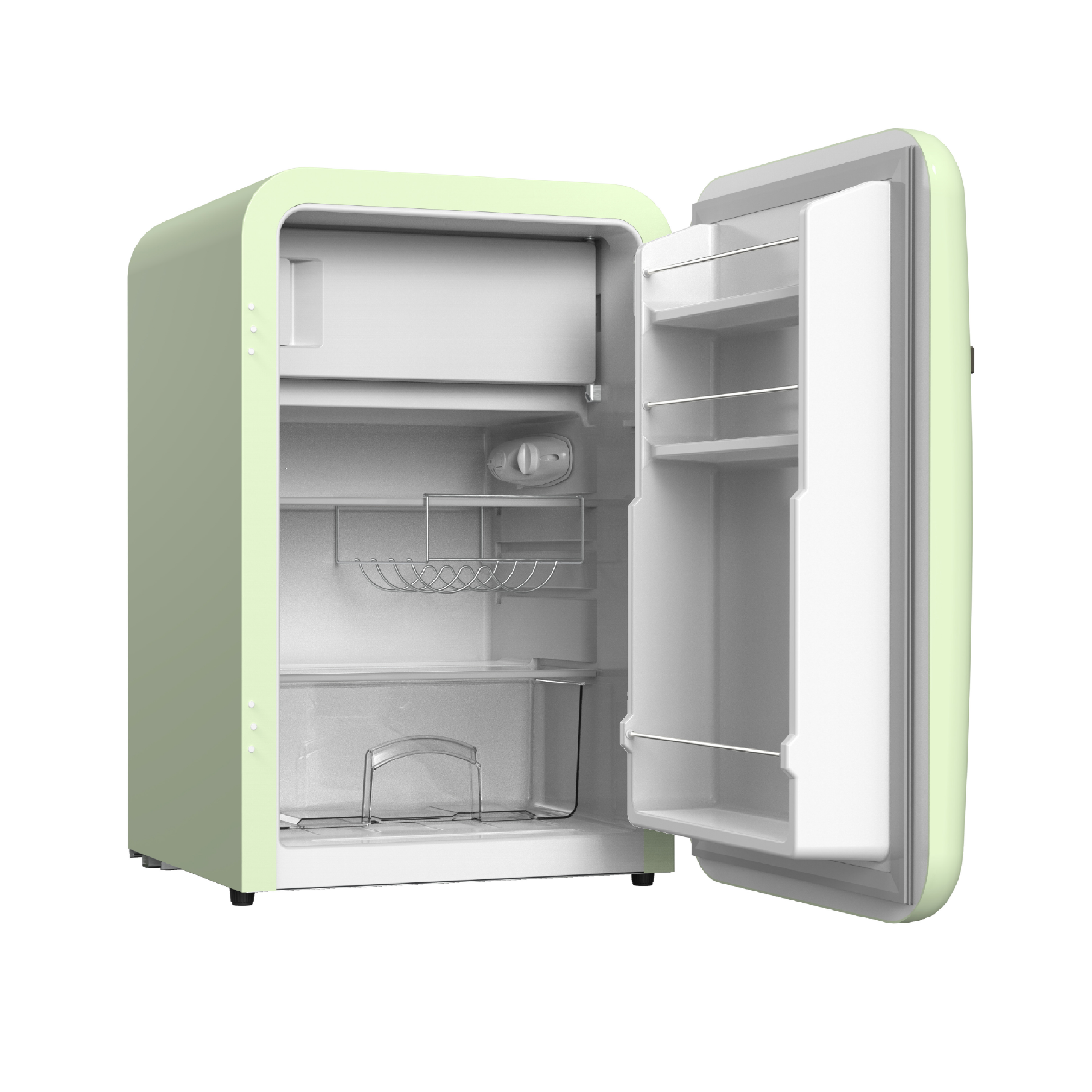 Side view of a 3.8 Cu Ft Mint Green Iconic Retro Fridge with the door open, showcasing interior space with two glass shelves and a transparent drawer