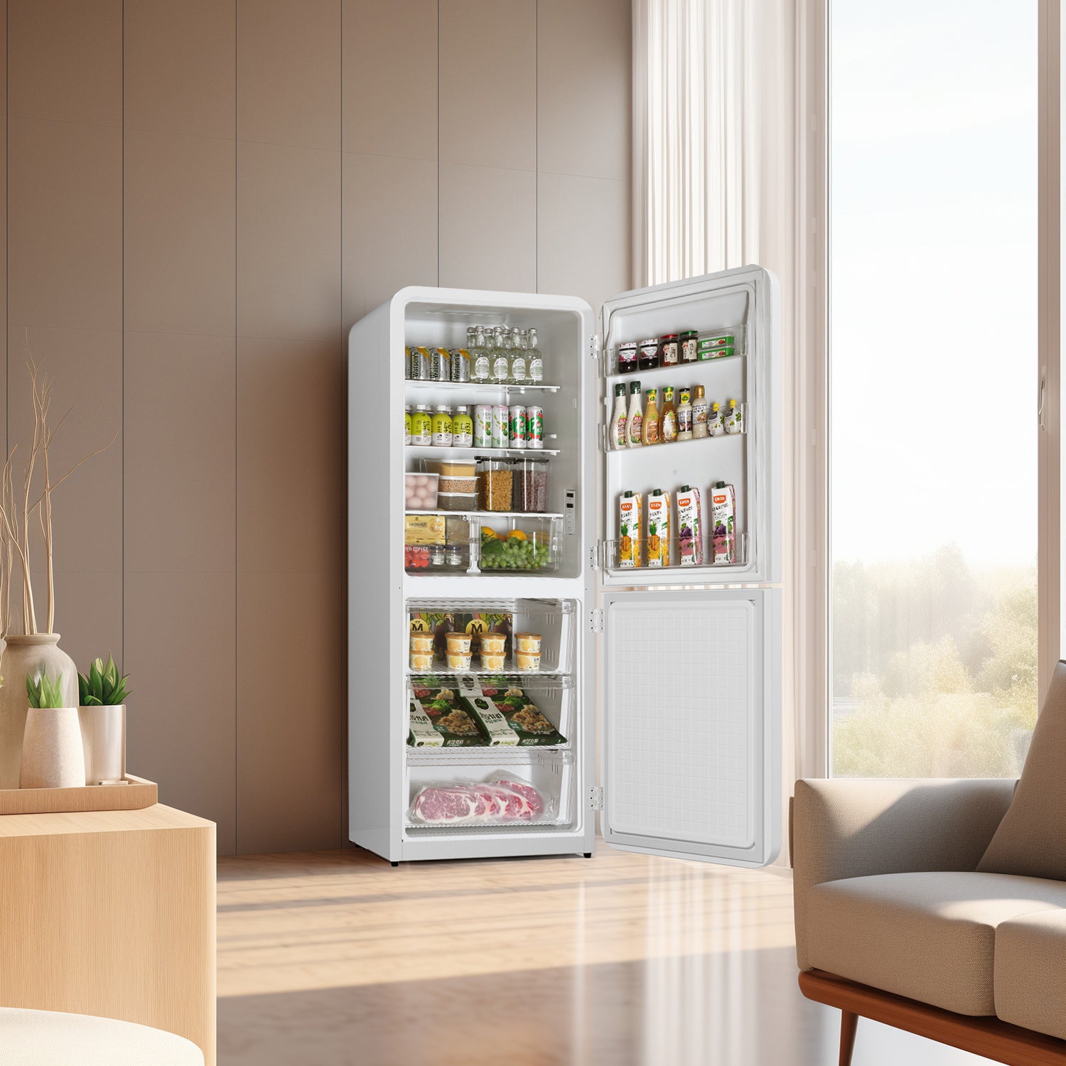 Side view of a retro-style kitchen setting with the 14.1 Cu Ft Bottom Freezer Iconic Retro Fridge positioned beside a glass window overlooking the garden. The fridge door is open, revealing the interior space fully stocked with foods and beverages