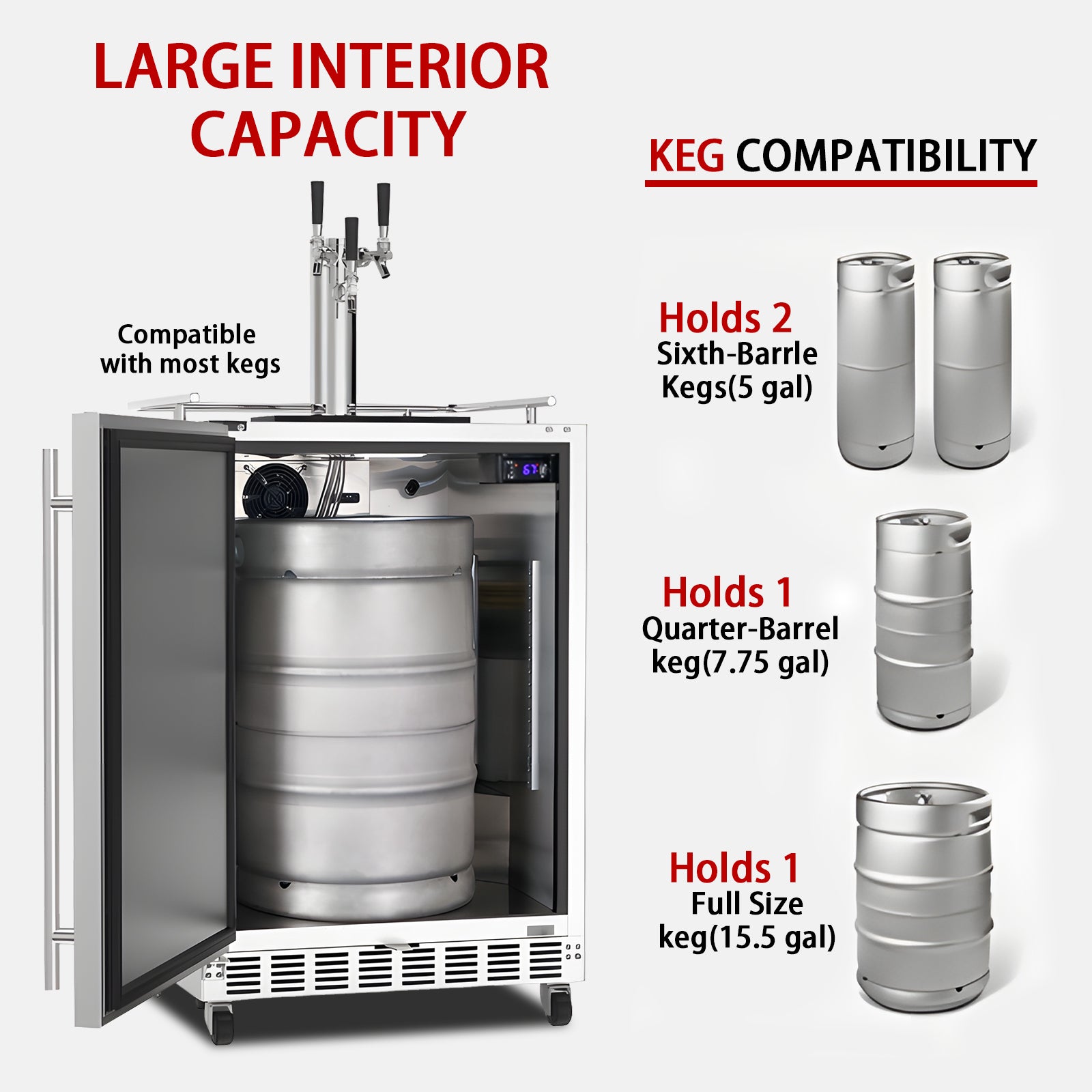 Side view of a 6.04 Cu Ft Undercounter Outdoor Refrigerator Kegerator with accompanying elements and description lines highlighting its keg compatibility