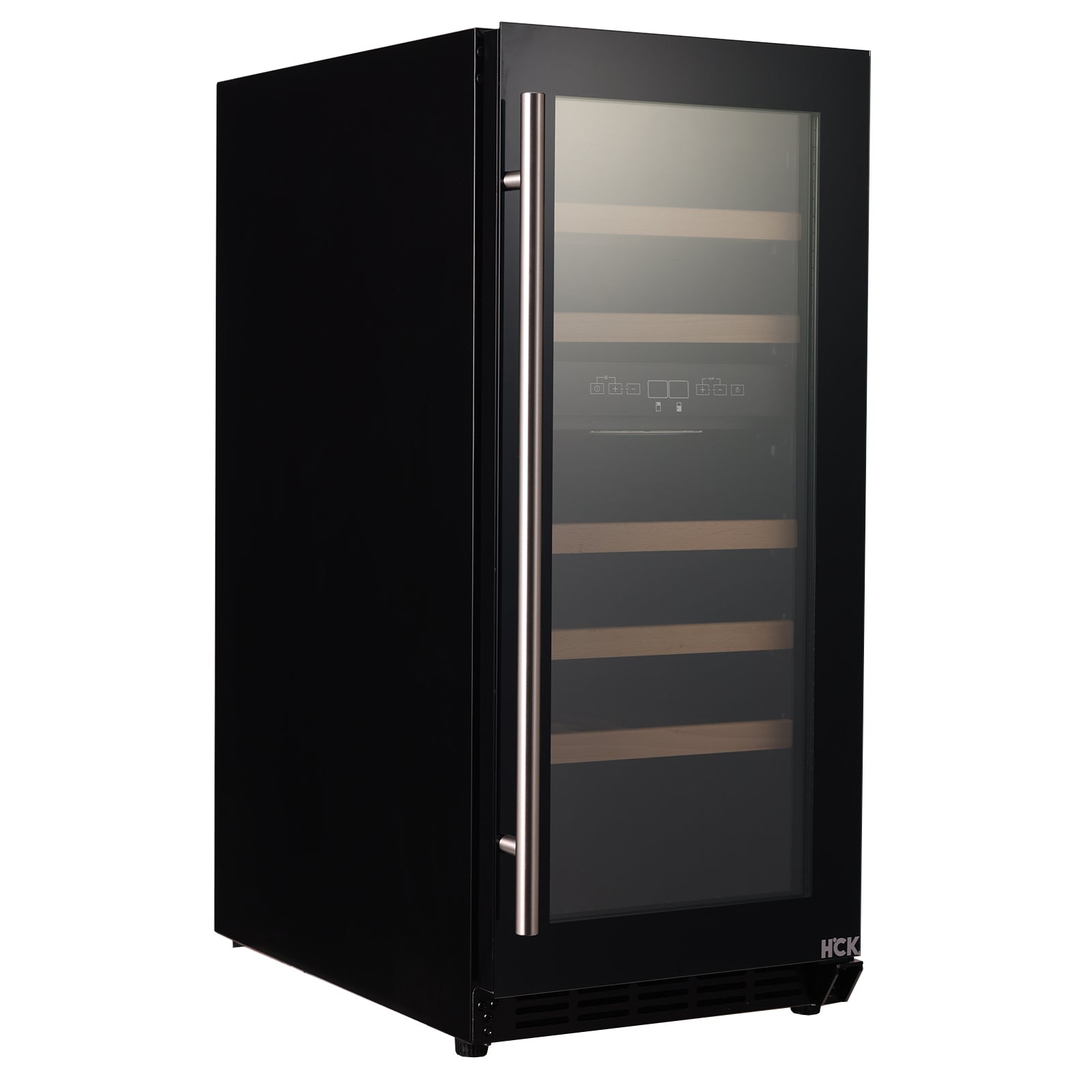 Side view of a 2.9 Cu Ft Freestanding Dual Zone Wine Cooler 29 bottles with the door open, showcasing fully-stocked wine bottles on 5 wooden shelves and a digital temperature control panel