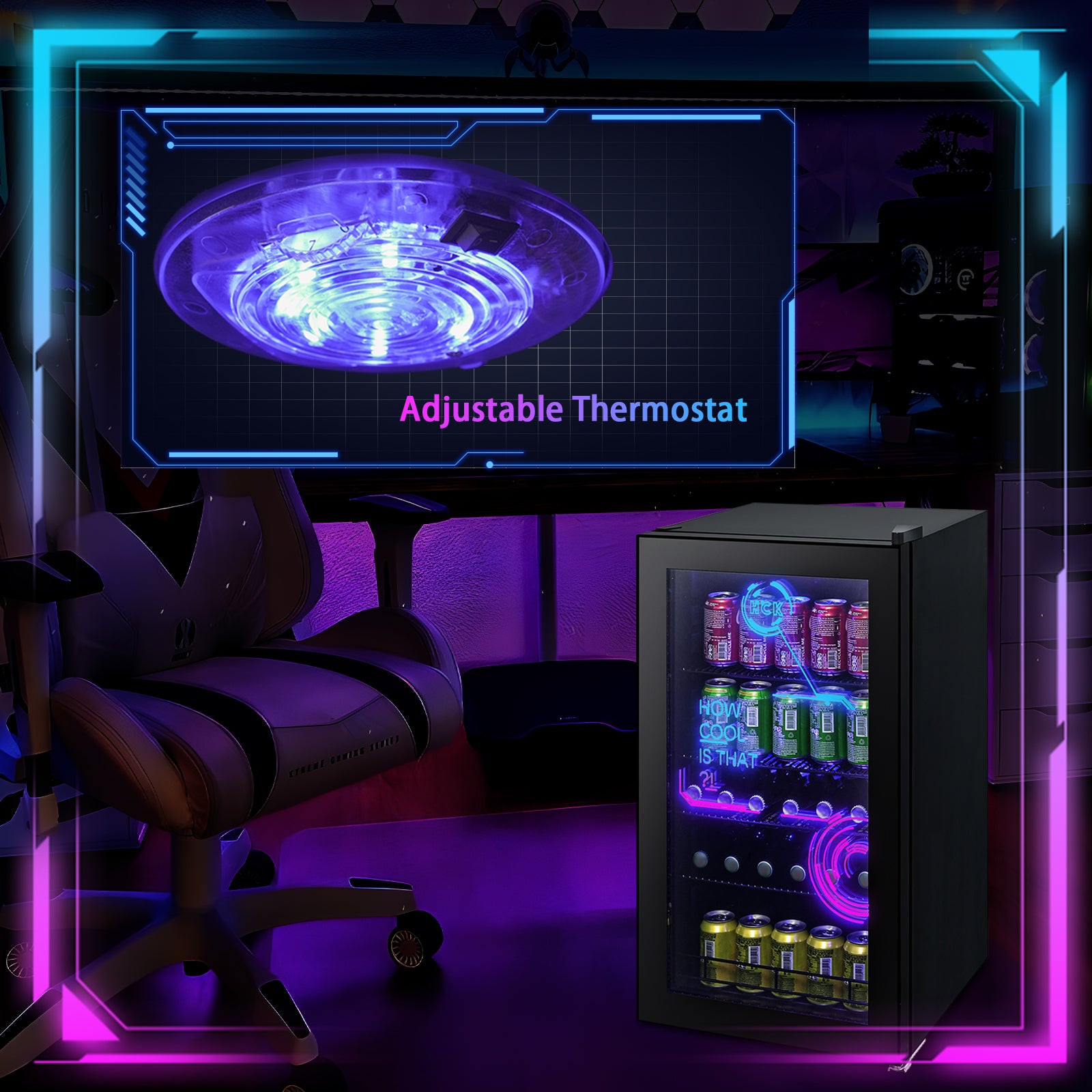 Front view of a cyberpunk style room with a 3.5 Cu Ft Cyberpunk Glass Door Beverage Fridge beside a chair, showcasing its touch control thermostat and description feature