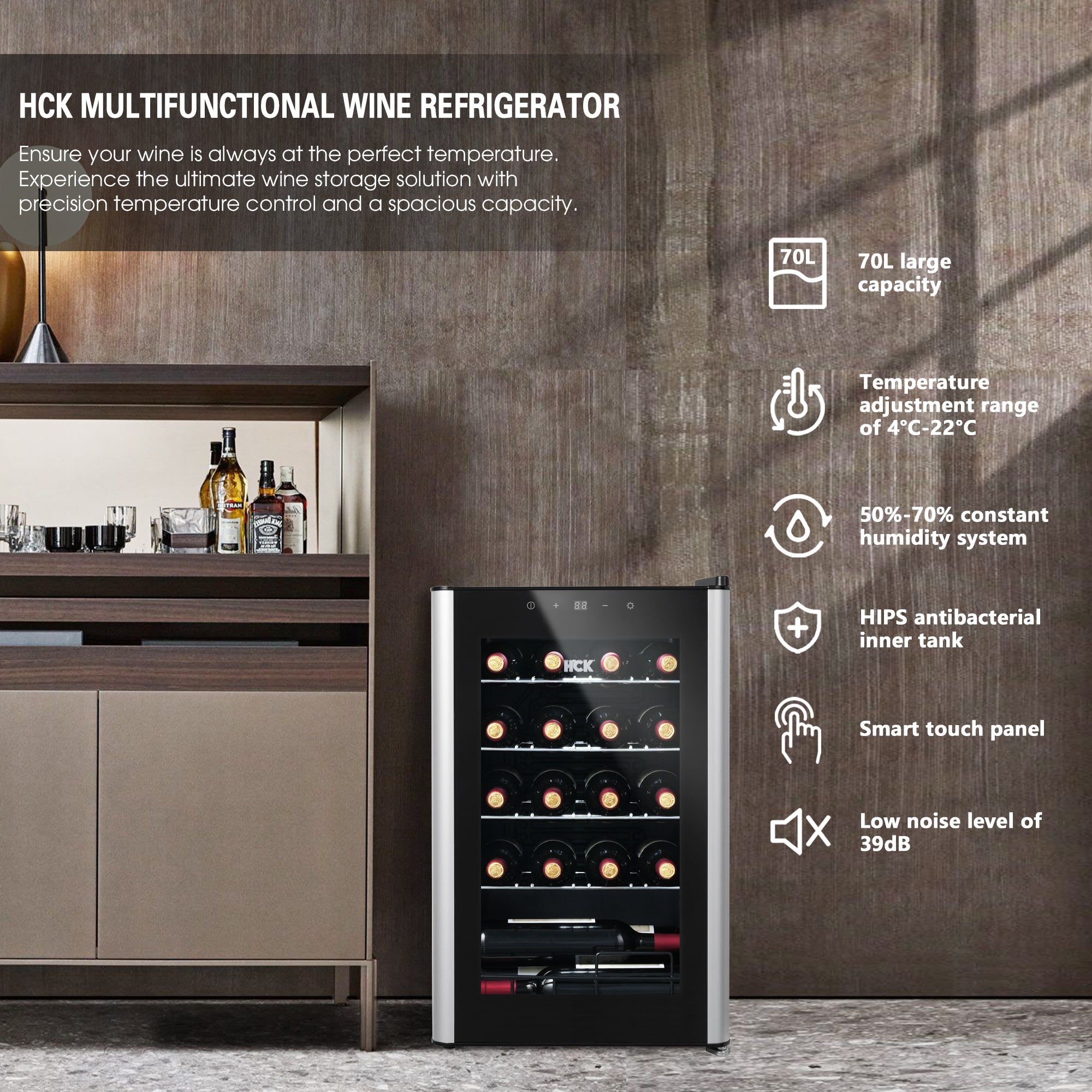 Front view of the wine storage setup featuring the 70L Freestanding Dual Zone Wine Fridge 24 Bottles, complemented by icons and descriptions highlighting its features