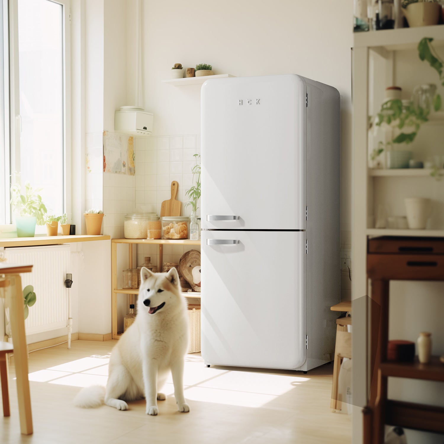 Side view of a retro-style kitchen setting with the 14.1 Cu Ft Bottom Freezer Iconic Retro Fridge installed in a suitable place. A dog is standing in front of the retro fridge, adding a charming touch to the scene