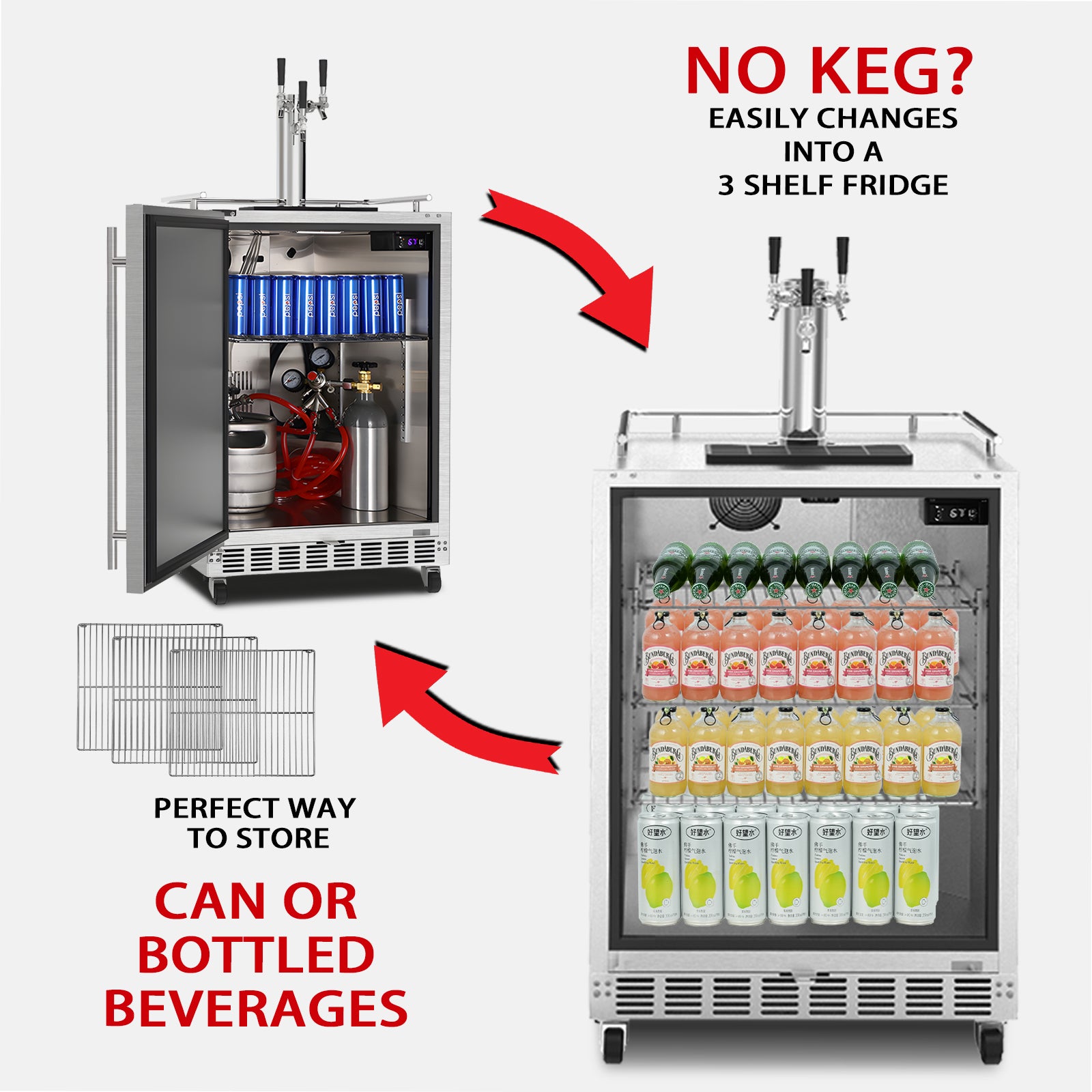 Side view of a 6.04 Cu Ft Undercounter Outdoor Refrigerator Kegerator with an open door, revealing interior space equipped with a keg and gas tank placed in the upper left corner. In the lower right corner is a front view of another 6.04 Cu Ft Undercounter Outdoor Refrigerator Kegerator, showing interior space with 3 wire shelves stocked full of beverage drinks. Between these two is an arrow element and description lines highlighting the switchable feature of the product