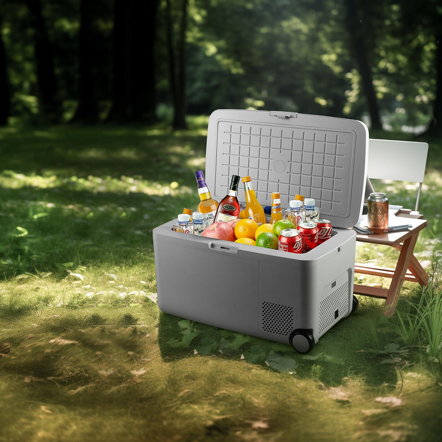 Side view of 0.6 Cu ft Camping Outdoor Refrigerator filled with assorted beverages, with an open door and a chair visible in the background