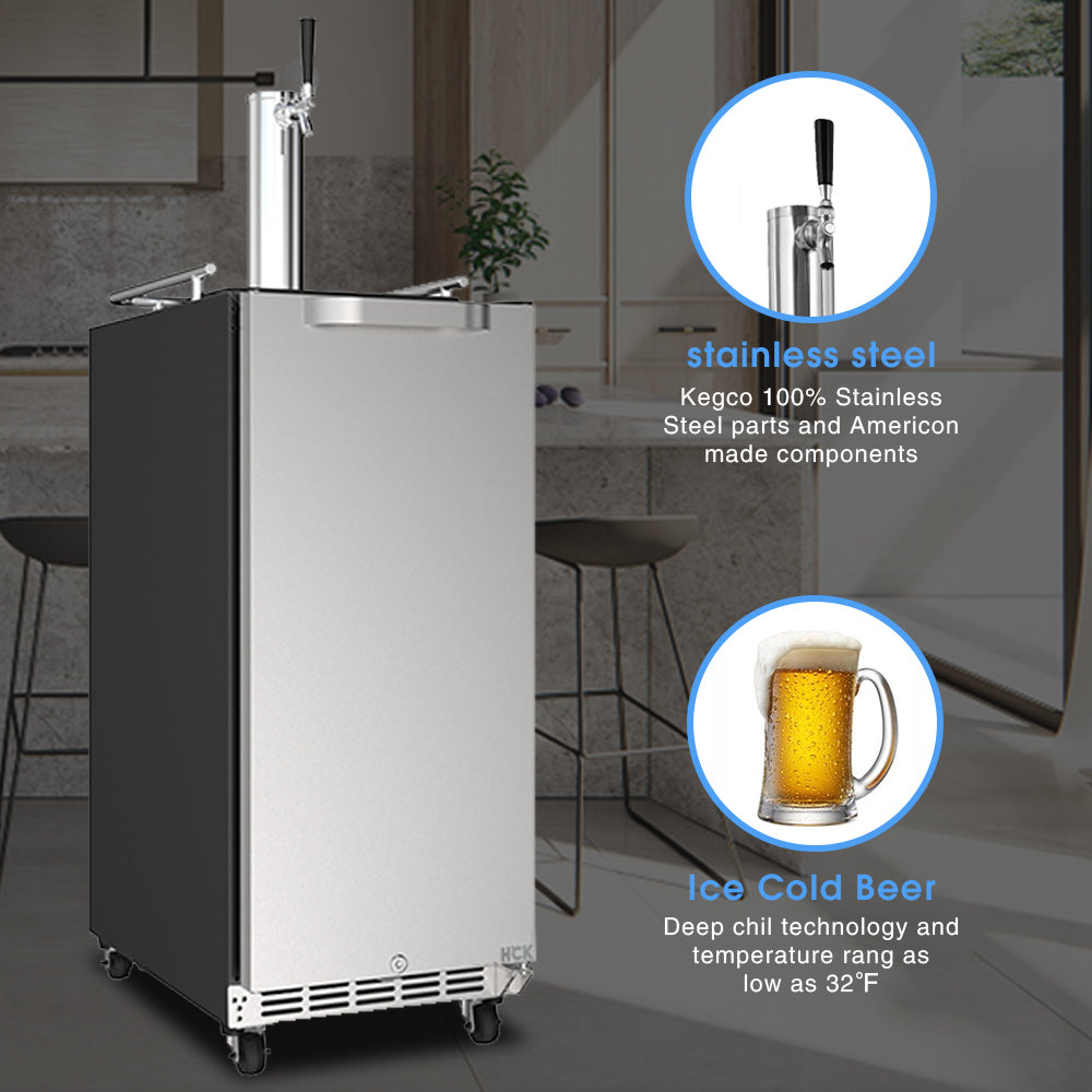 Side view of a 3.2 Cu Ft Outdoor Refrigerator Kegerator 96 cans, with a kitchen setting in the background, accompanied by icons and feature descriptions