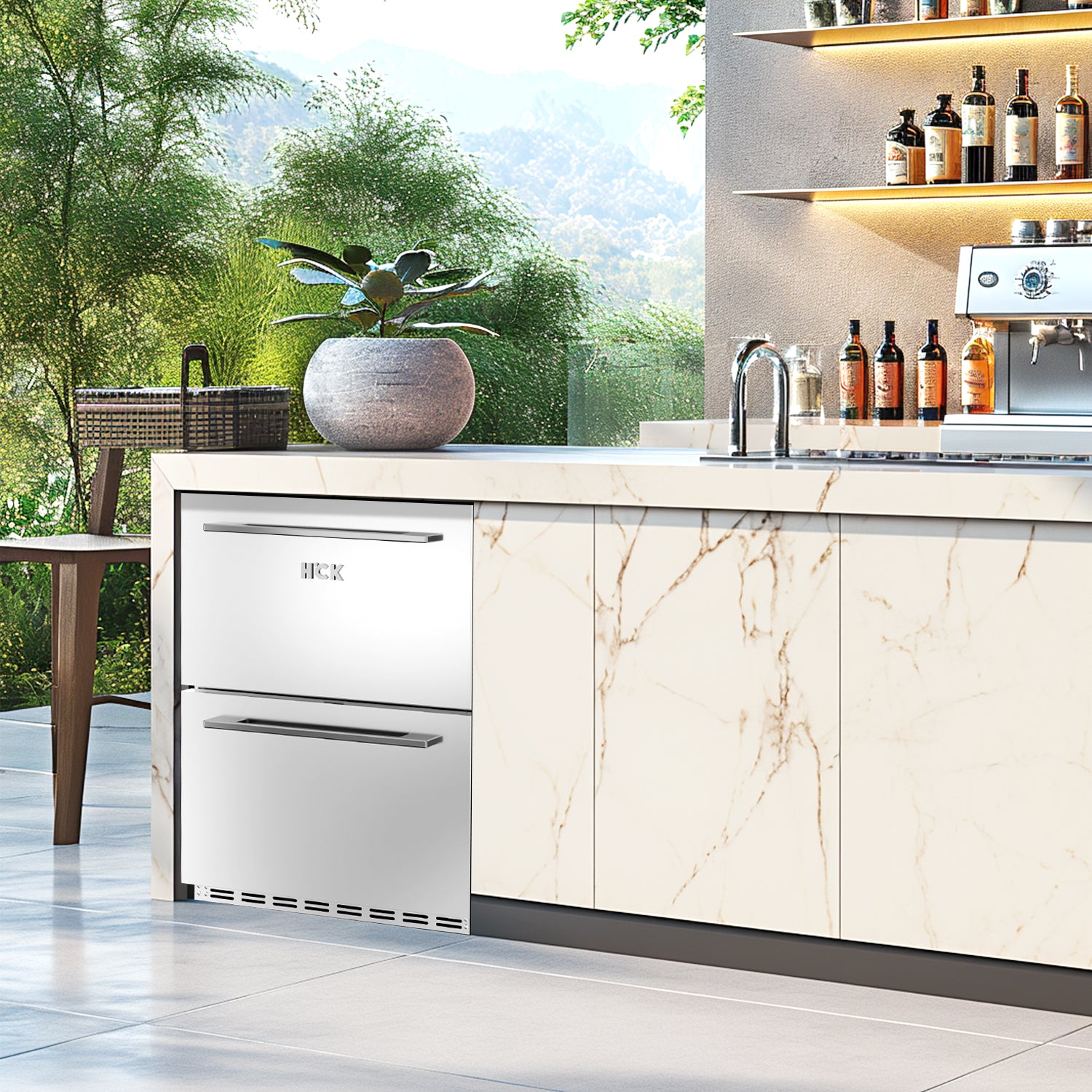 Side view of an outdoor kitchen setup with a 5.12 Cu Ft Undercounter Beverage Outdoor Refrigerator Drawer Design installed under the kitchen table, with a potted flower positioned above the fridge