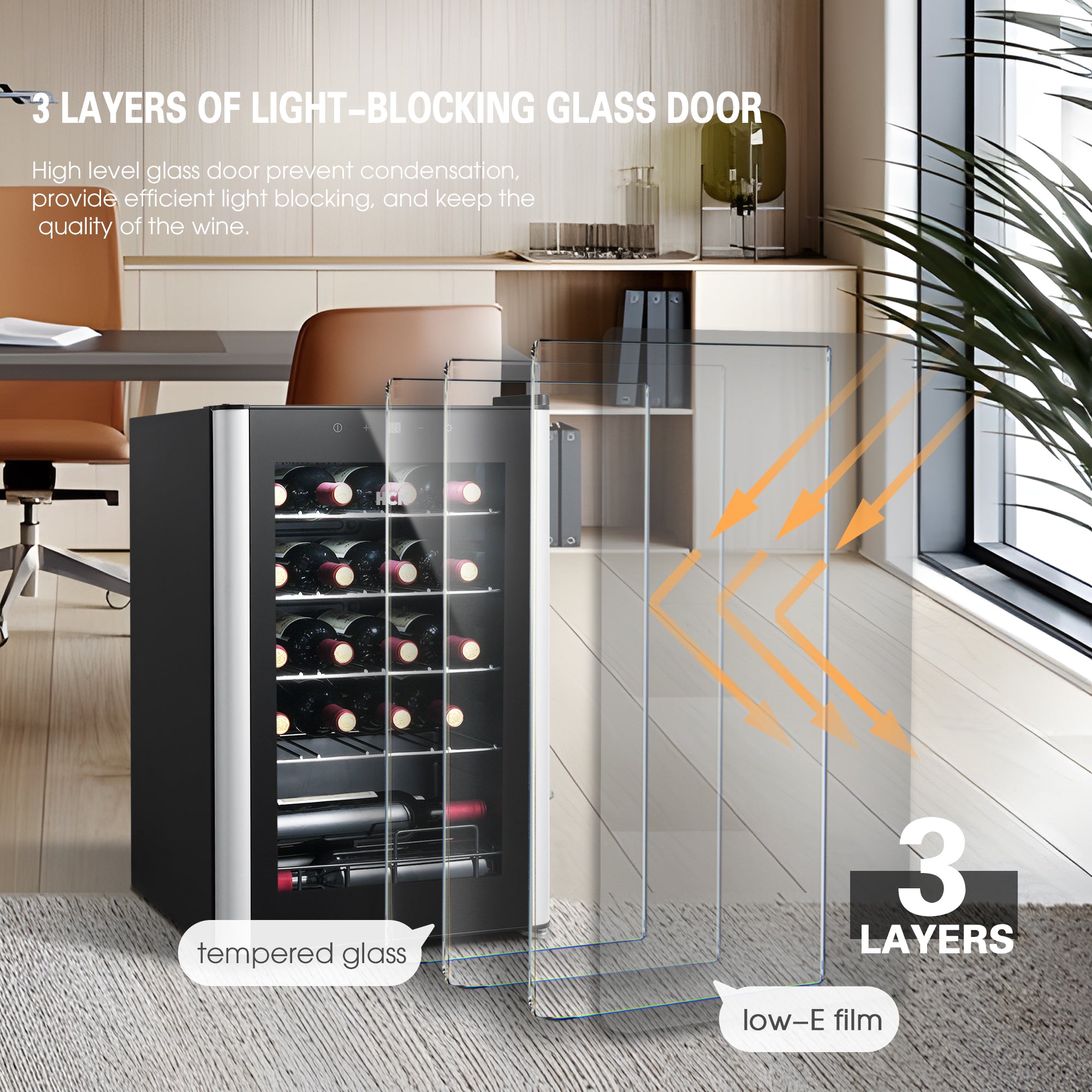 Front view of a living room space featuring the 70L Freestanding Dual Zone Wine Fridge 24 Bottles placed on the floor. In front of the product are three layers of glass, with arrows pointing in and out to emphasize that the door is made of three layers of low-E film