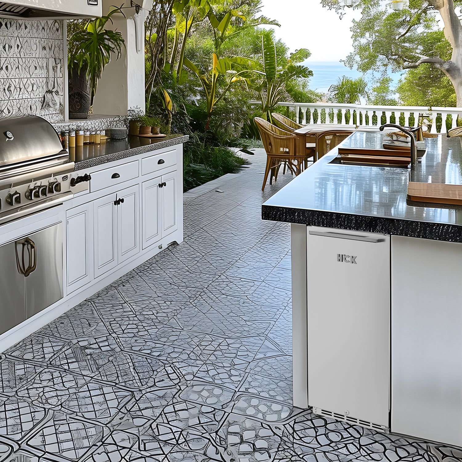 Side view of the outdoor kitchen with a 3.18 Cu Ft Undercounter Beverage Outdoor Refrigerator installed beneath the kitchen table
