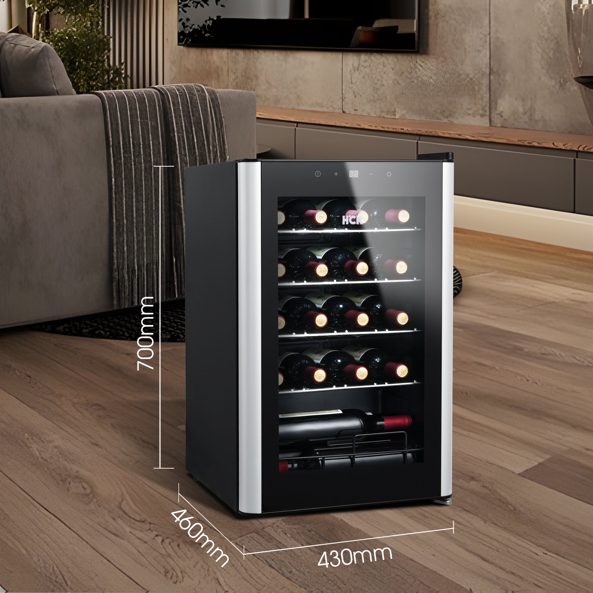 Side view of a living room setup installed with the 70L Freestanding Dual Zone Wine Fridge 24 Bottles, accompanied by lines and parameters to emphasize the product's size