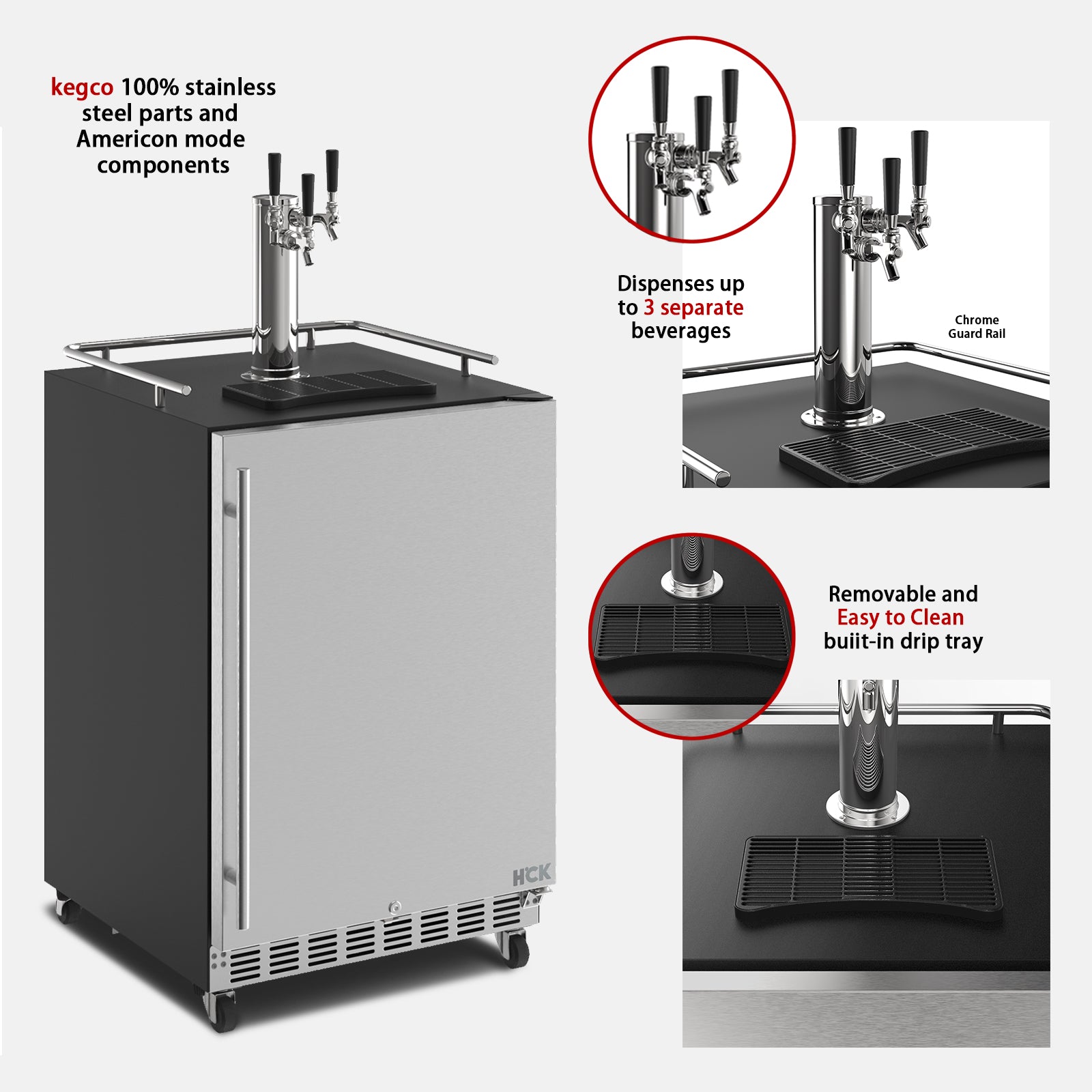Side view of a 6.04 Cu Ft Undercounter Outdoor Refrigerator Kegerator, accompanied by various close-up views of its components, including the tap tower and the drip tray. Each view is accompanied by elements and description lines highlighting the product features