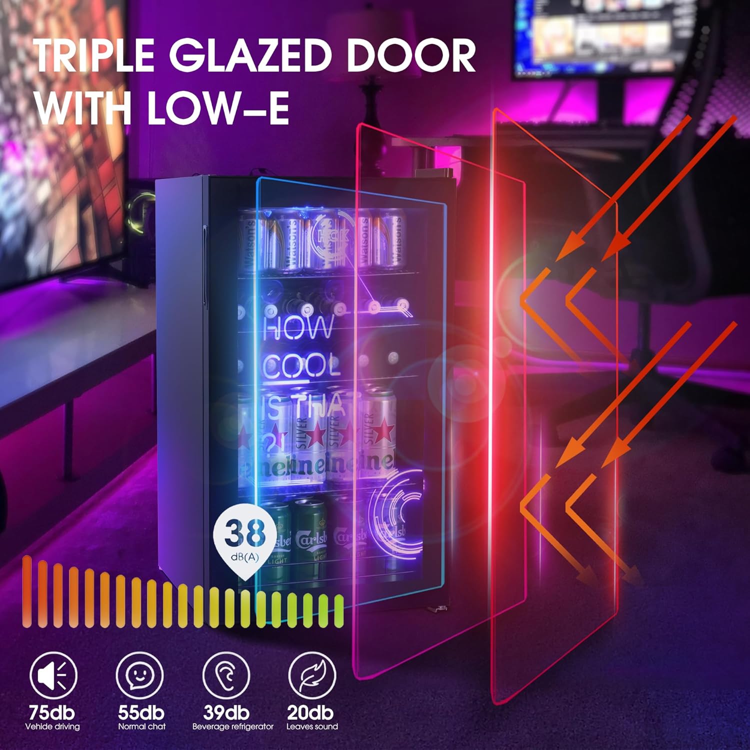 Frost-free glass door: HCK mini fridge uses a 3-layer glass door with low-E film that can prevent condensation and keep the interior dry and clean, while also maintaining temperature stability to ensure that your drinks and food are always at the desired temperature.