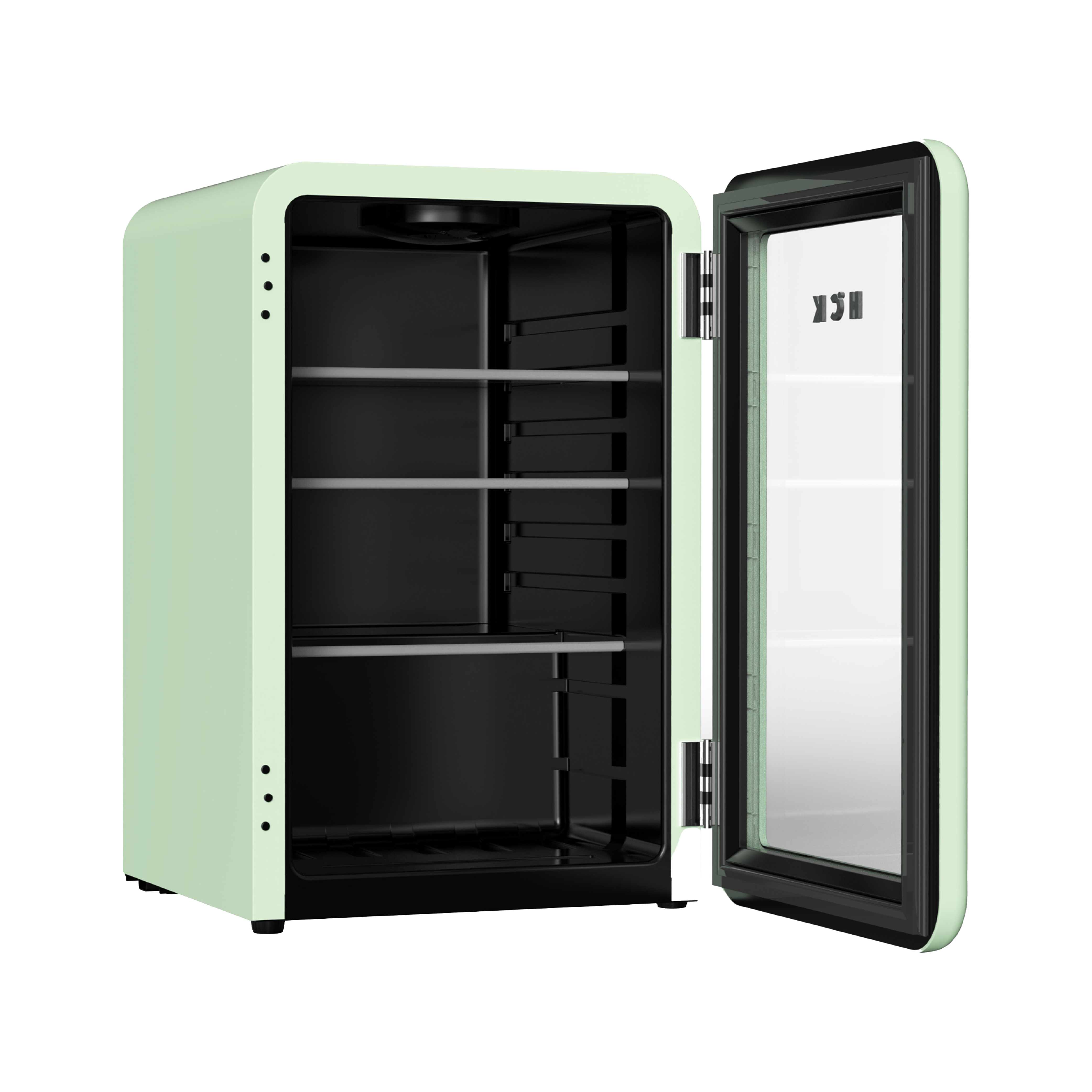 Side view of a 2.5 Cu Ft Mint Green Iconic Beverage Fridge with open door, showcasing 3 glass shelves