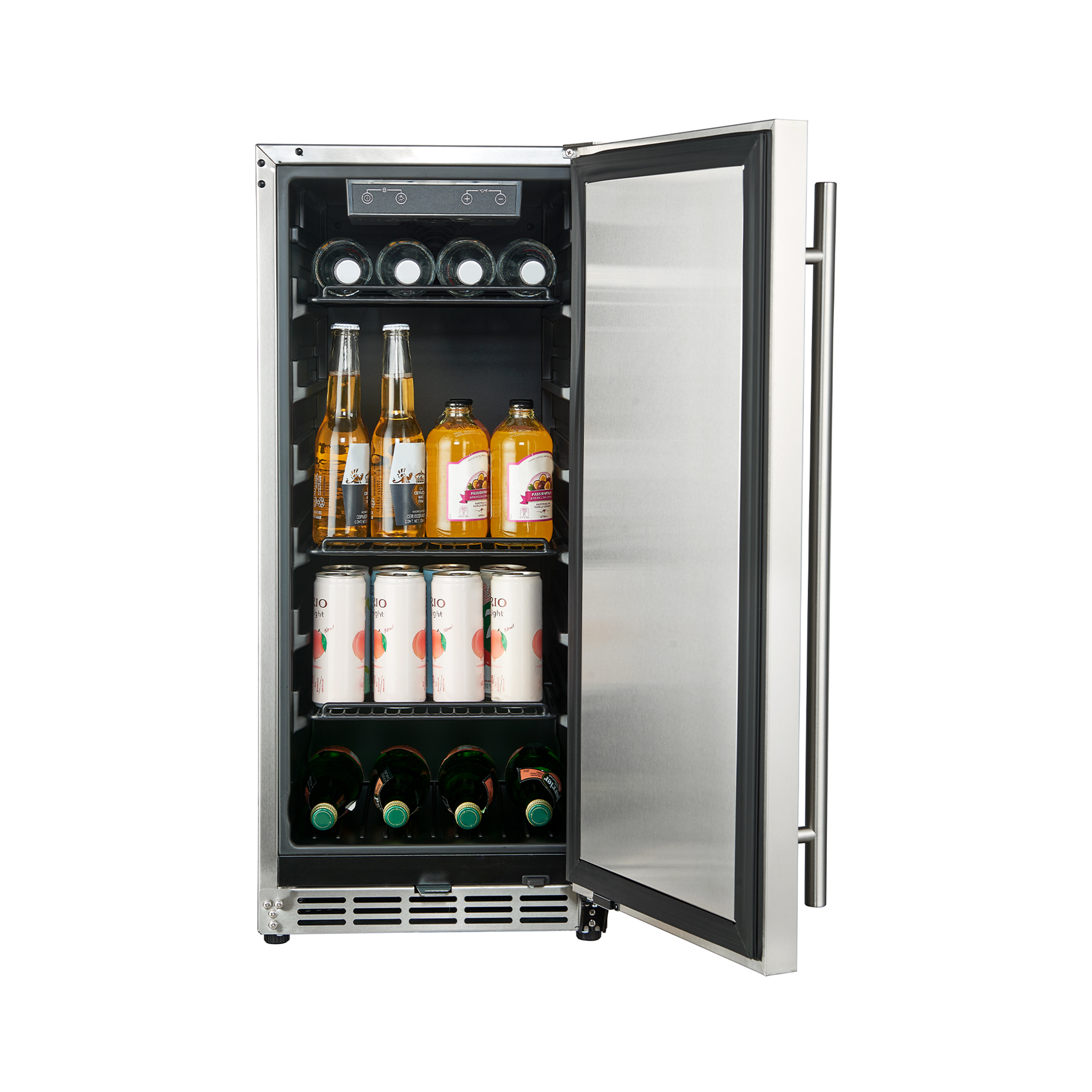 Front view of a 3.2 Cu Ft Undercounter Beverage Outdoor Refrigerator with the door open, revealing three shelves filled with beverage bottles and a digital temperature control panel