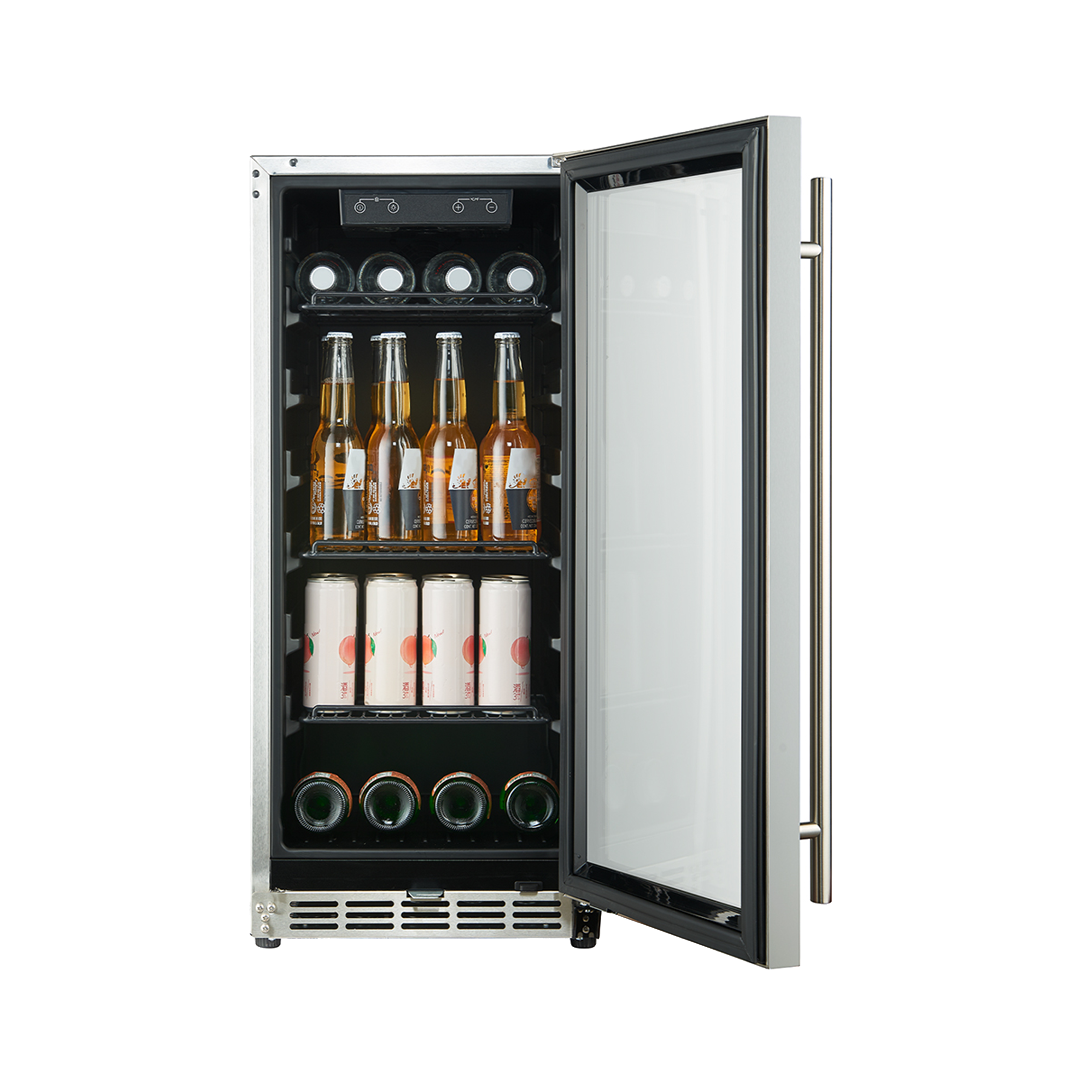 Front view of a 3.2 Cu Ft Compact Beverage Outdoor Refrigerator 96 cans with the door open, showcasing three shelves interior space full of beverage bottles and a digital temperature control panel