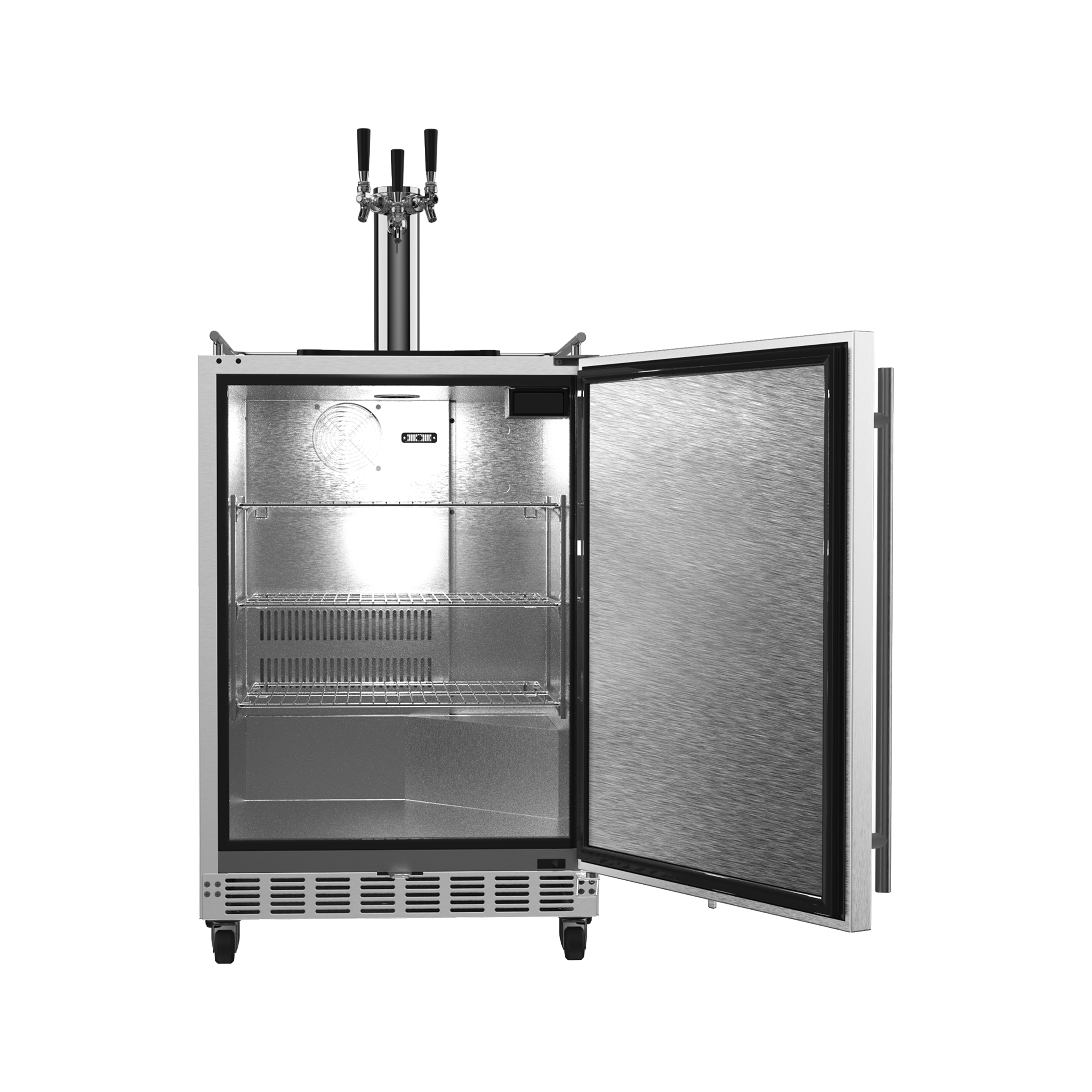 Front view of a 6.04 Cu Ft Undercounter Kegerator Outdoor Beverage Fridge with the door open, displaying interior space featuring three shelves and a digital thermostat display.