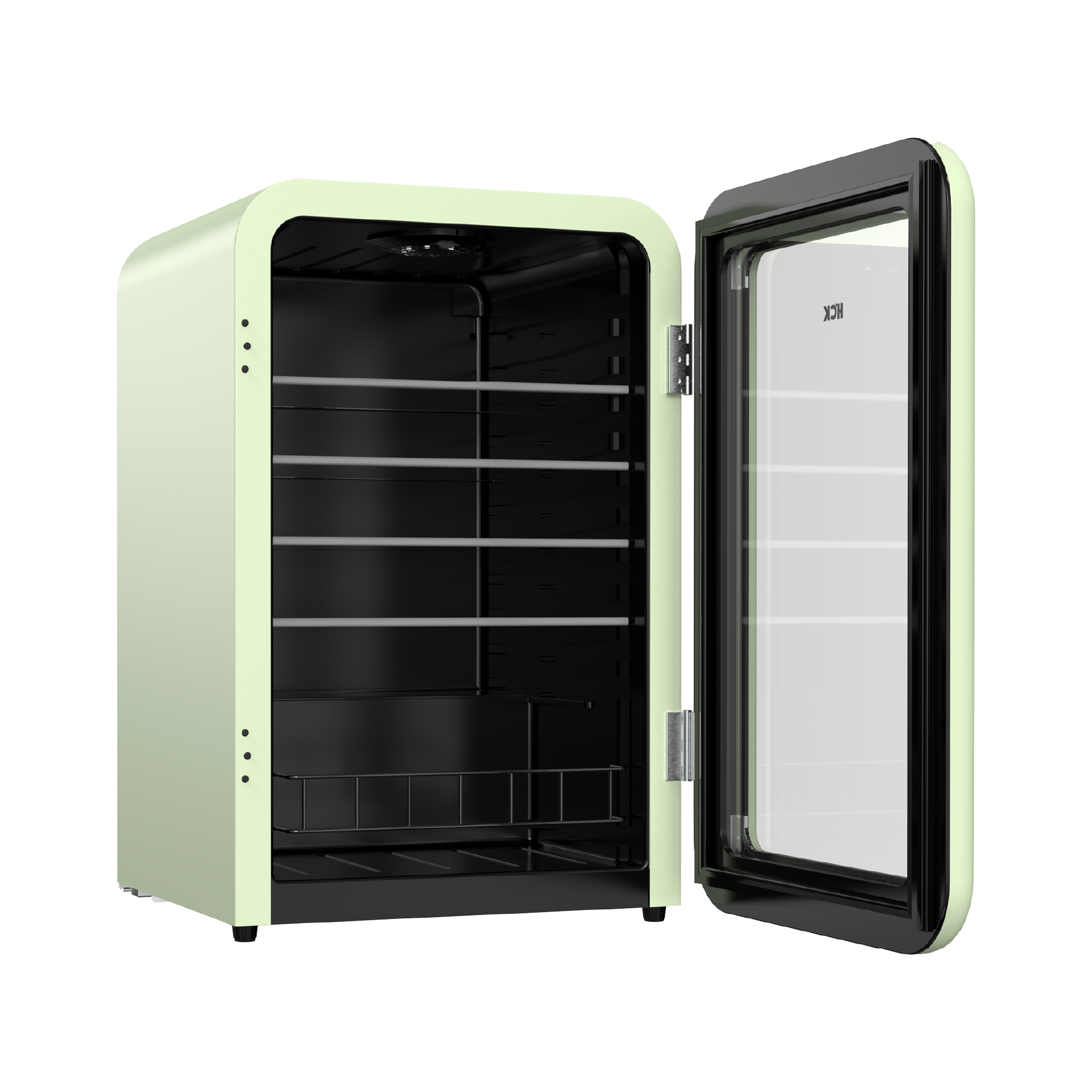 Side view of a 4.1 Cu Ft Mint Green Iconic Retro Style Beverage Fridge with the door open, revealing five shelves inside