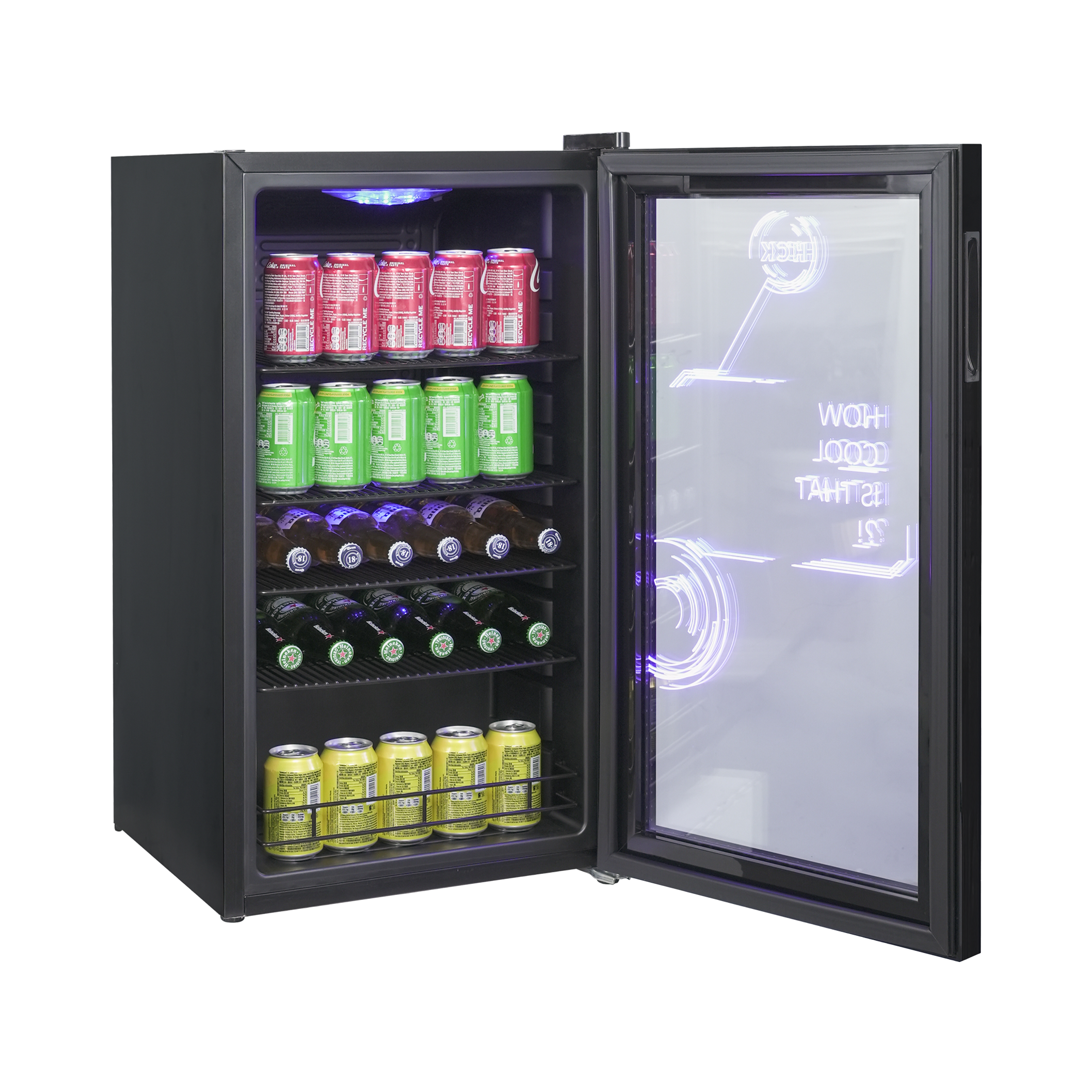 Side view of a 3.5 Cu Ft Cyberpunk Glass Door Beverage Fridge with the door open, revealing a fully stocked interior of beverage bottles.