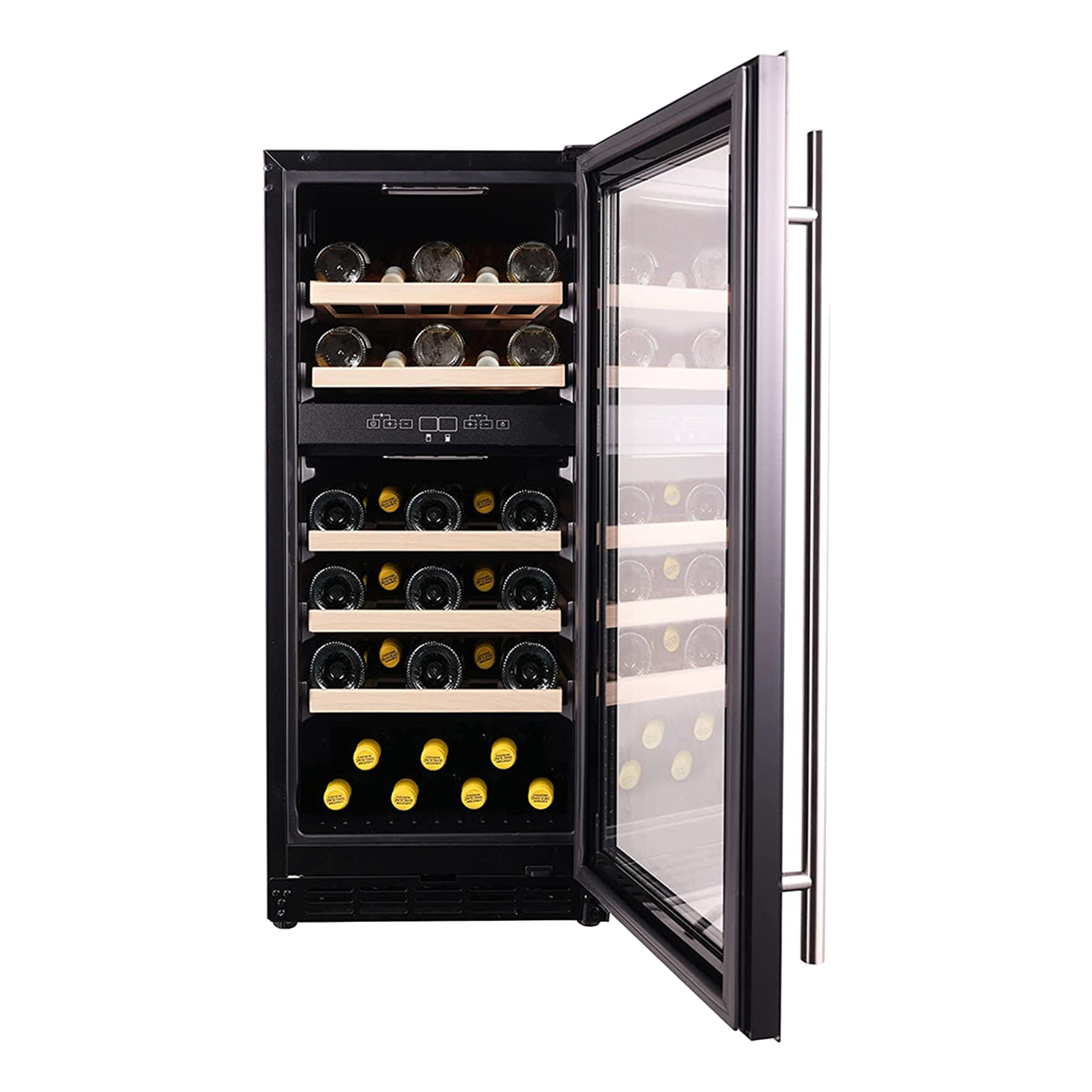 Front view of a 2.9 Cu Ft Freestanding Dual Zone Wine Cooler 29 bottles with the door open, showcasing fully-stocked wine bottles on 5 wooden shelves and a digital temperature control panel