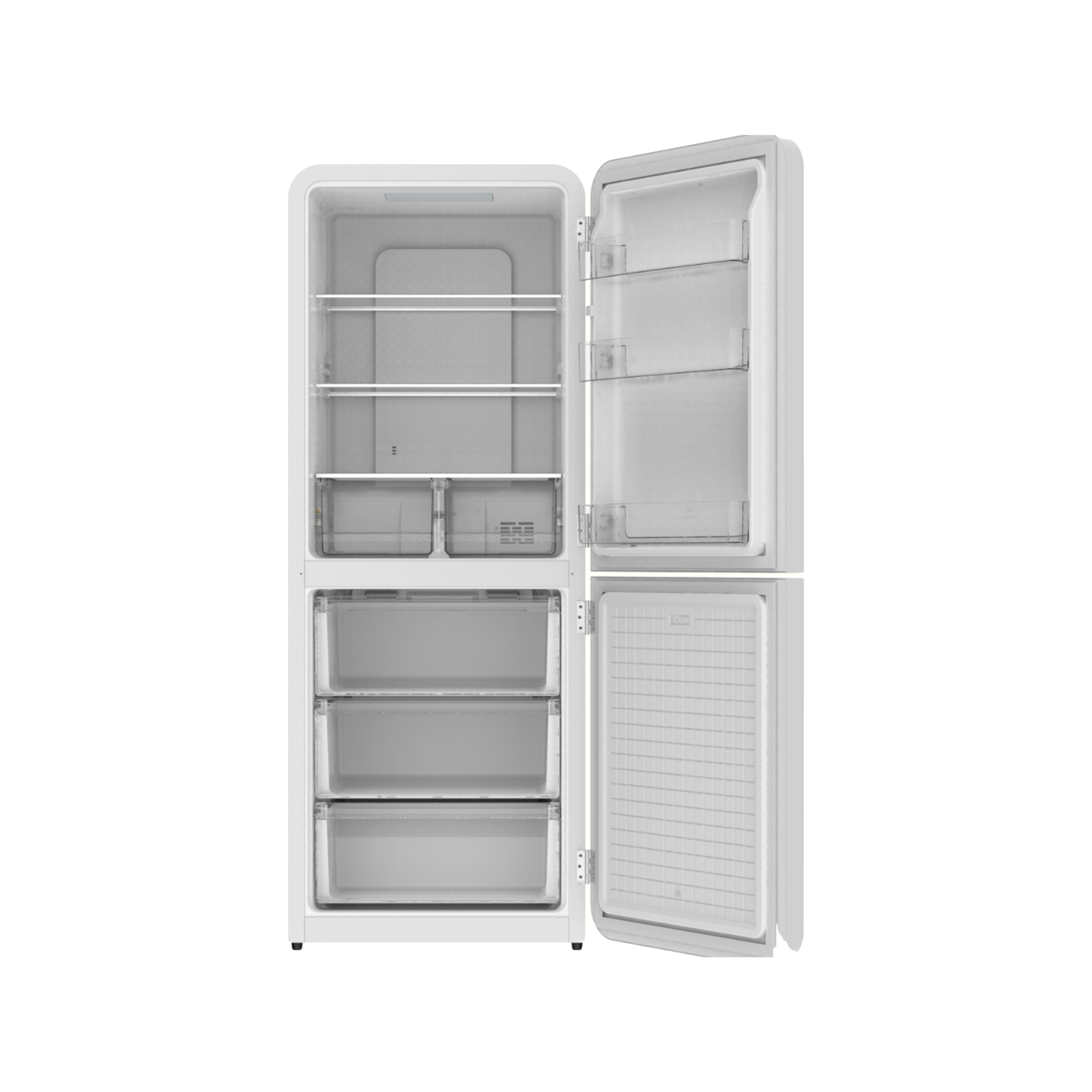 The front view of 14.1 Cu Ft Bottom Freezer Iconic Retro Fridge with open door, showcasing the interior space