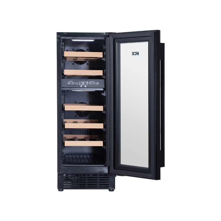 The front view of 1.9 Cu Ft Black Standard Dual Zone Slimline Wine Fridge 18 Bottles with the door open, displaying 5 wooden shelves inside