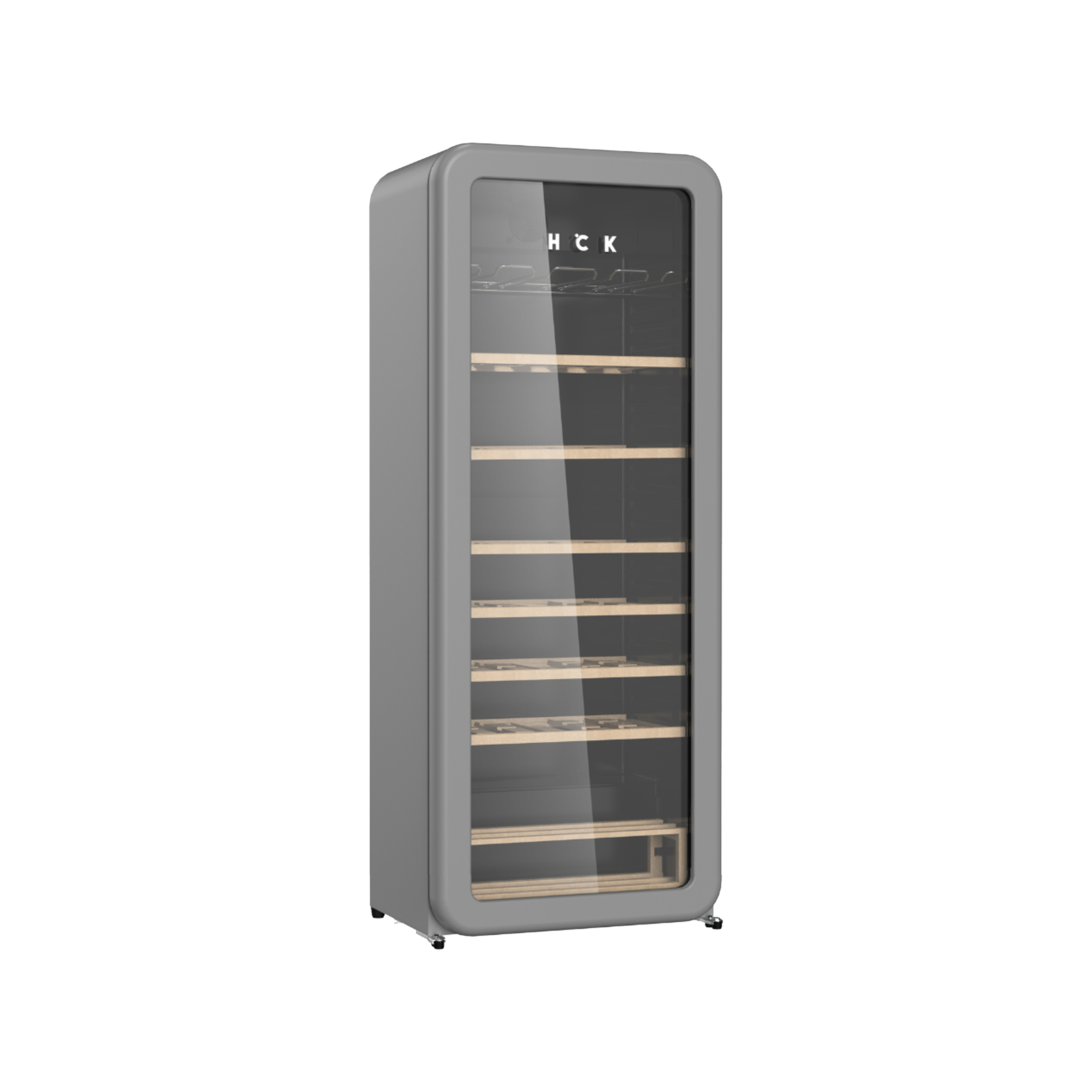 Side view of a 7.3 Cu Ft Wabi Sabi Retro Style Wine Fridge 92 Bottles with a transparent door. The fully stocked wine bottles inside the fridge are visible through the door