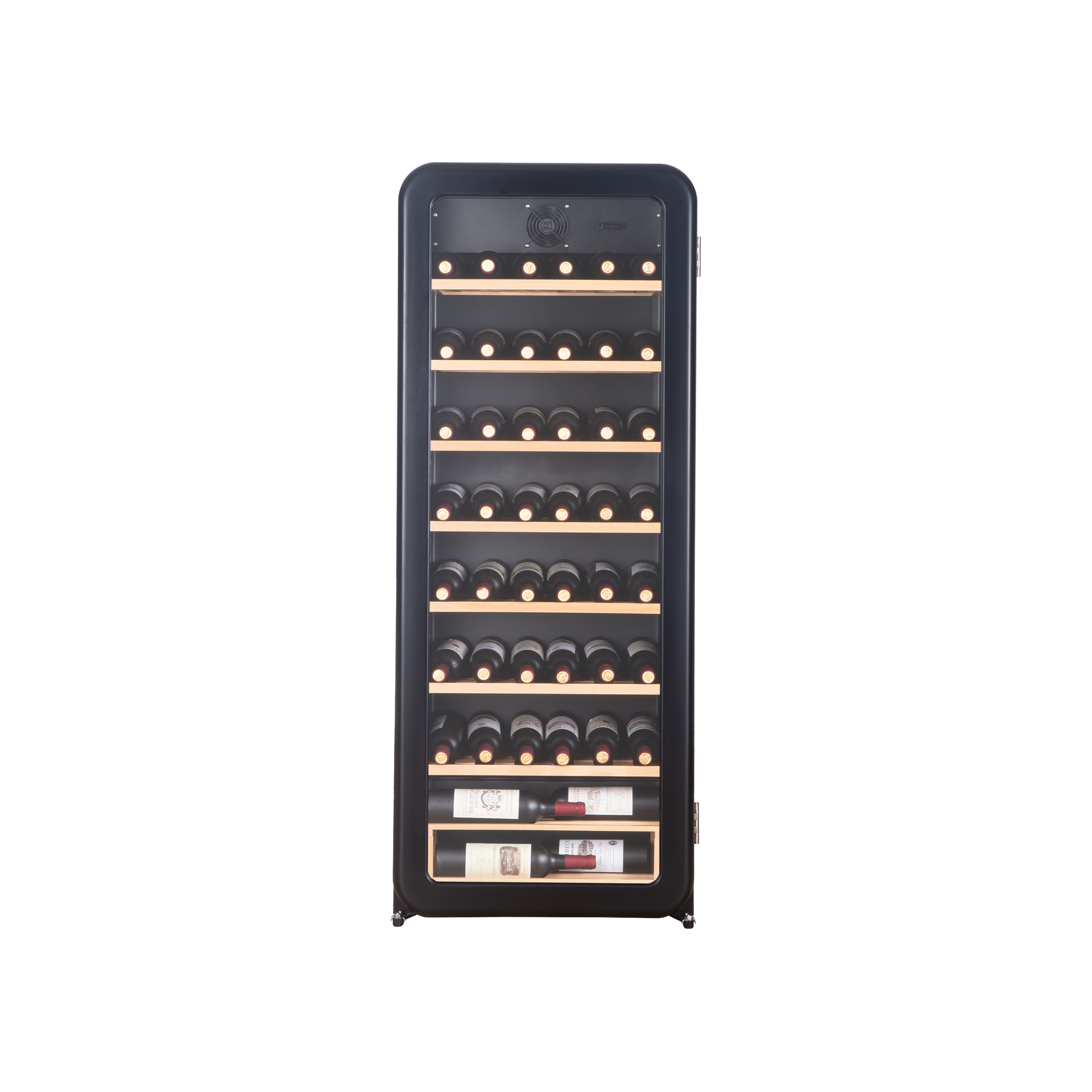 Front view of the 7.3 Cu Ft Wabi Sabi-Black Retro Style Wine Fridge 92 Bottles with a transparent door. The fully stocked wine bottles inside the fridge are visible through the door