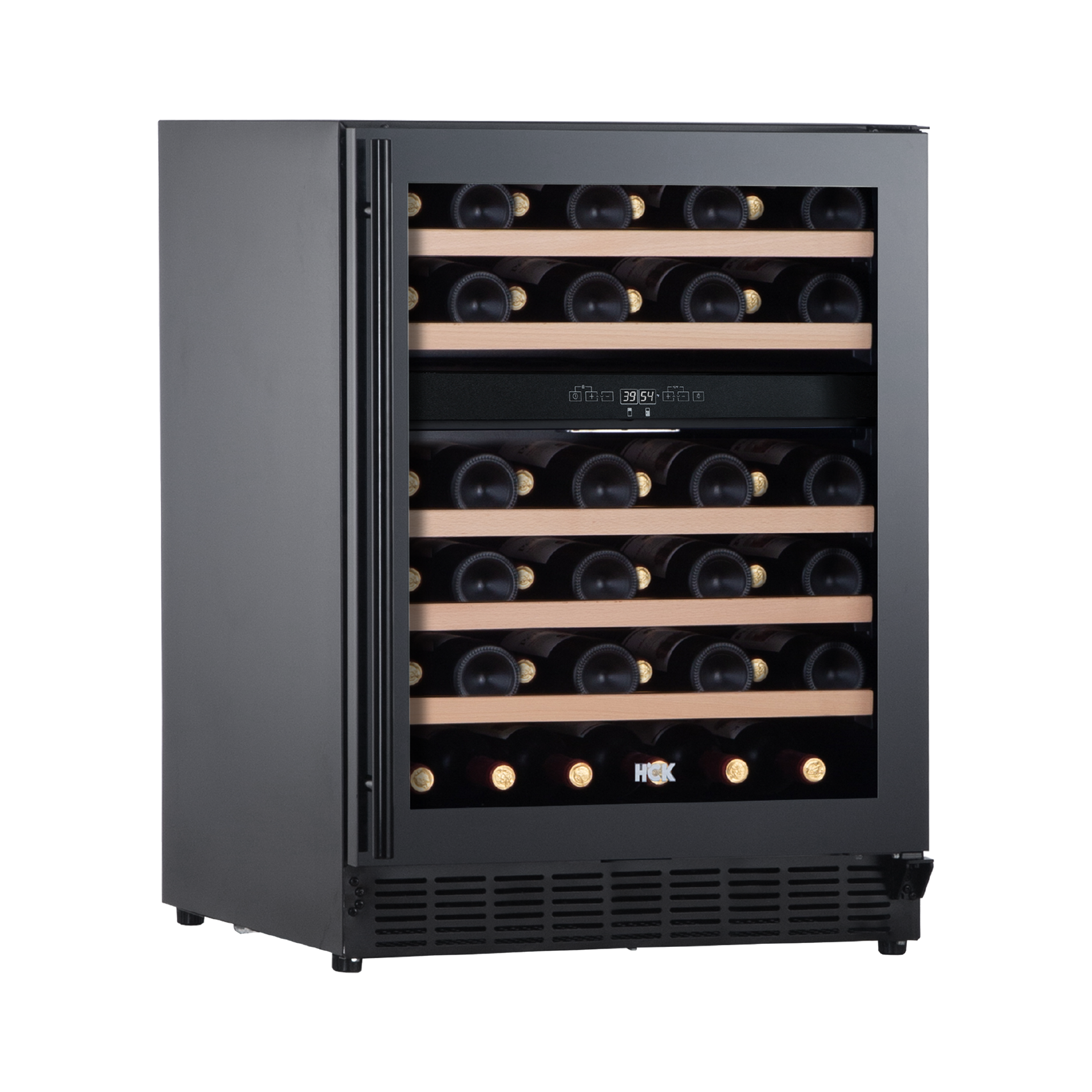Side view of a 4.5 Cu Ft Black Dual Zone Wine Fridge 46 bottles with a glass door, displaying the digital thermostat, temperature control panel, and wine bottles inside