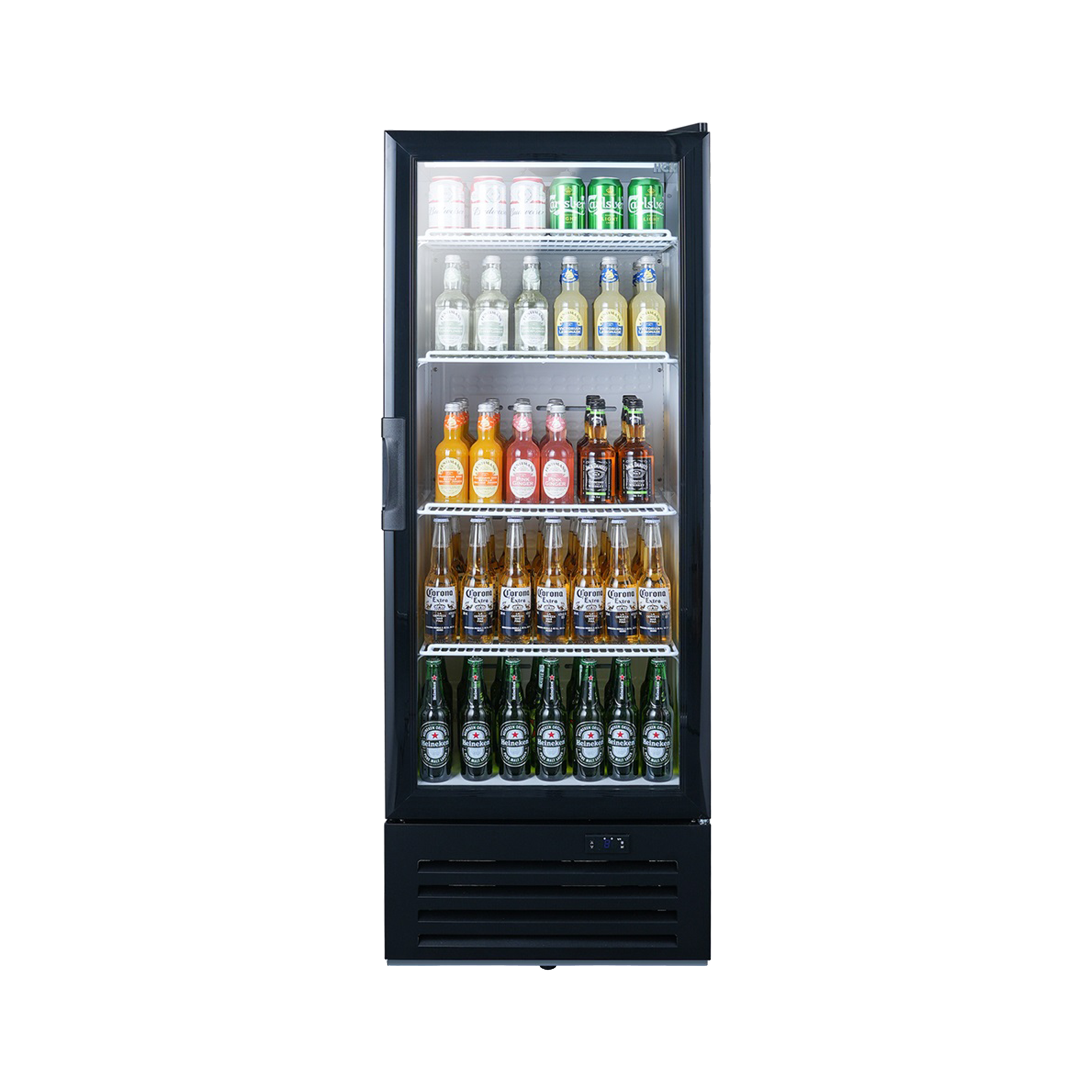Front view of a 10 Cu Ft Single Zone Compact Beverage Fridge filled with various beverages, visible through the door