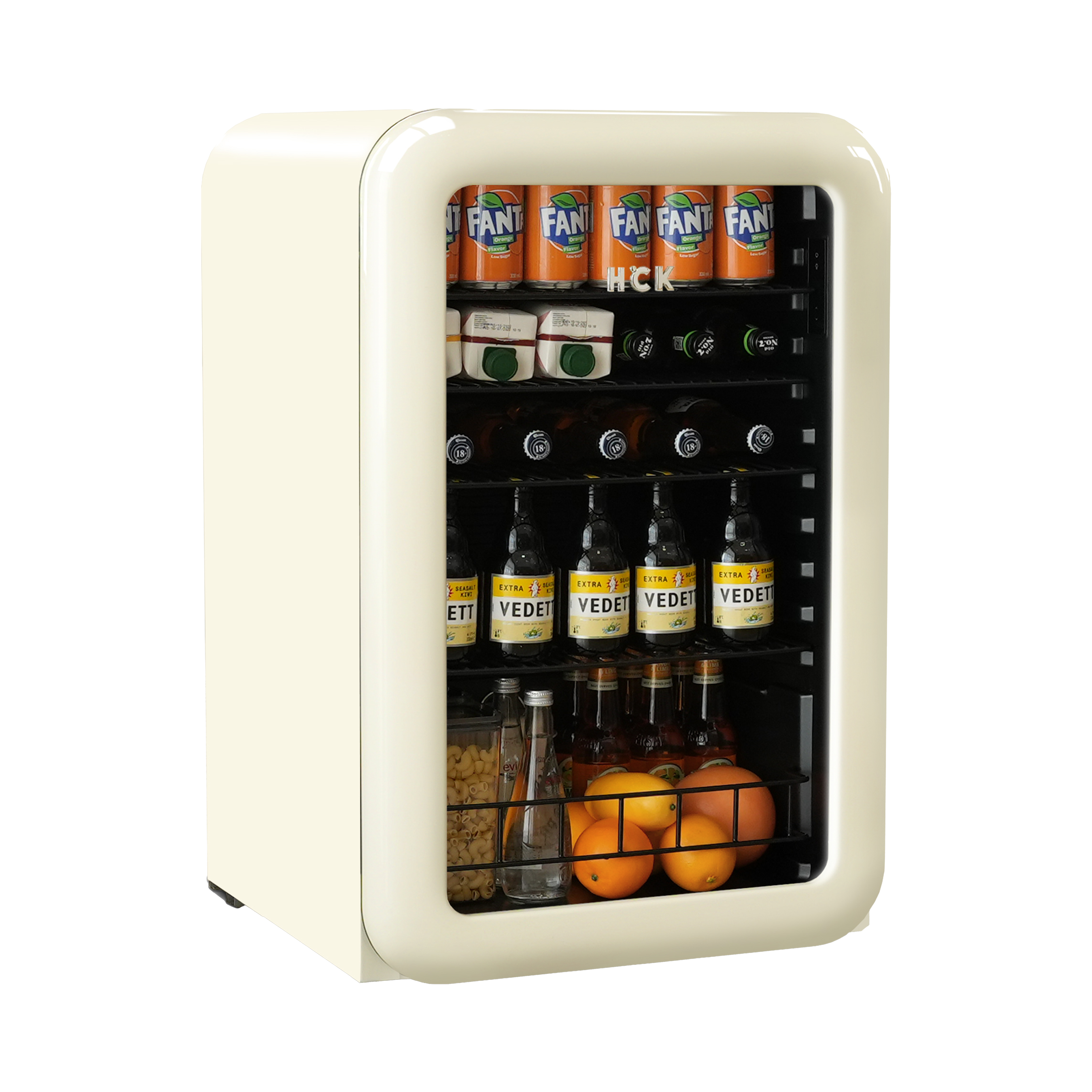 Side view of a 4.1 Cu Ft Iconic Retro Style Beverage Fridge with transparent door, revealing its contents.