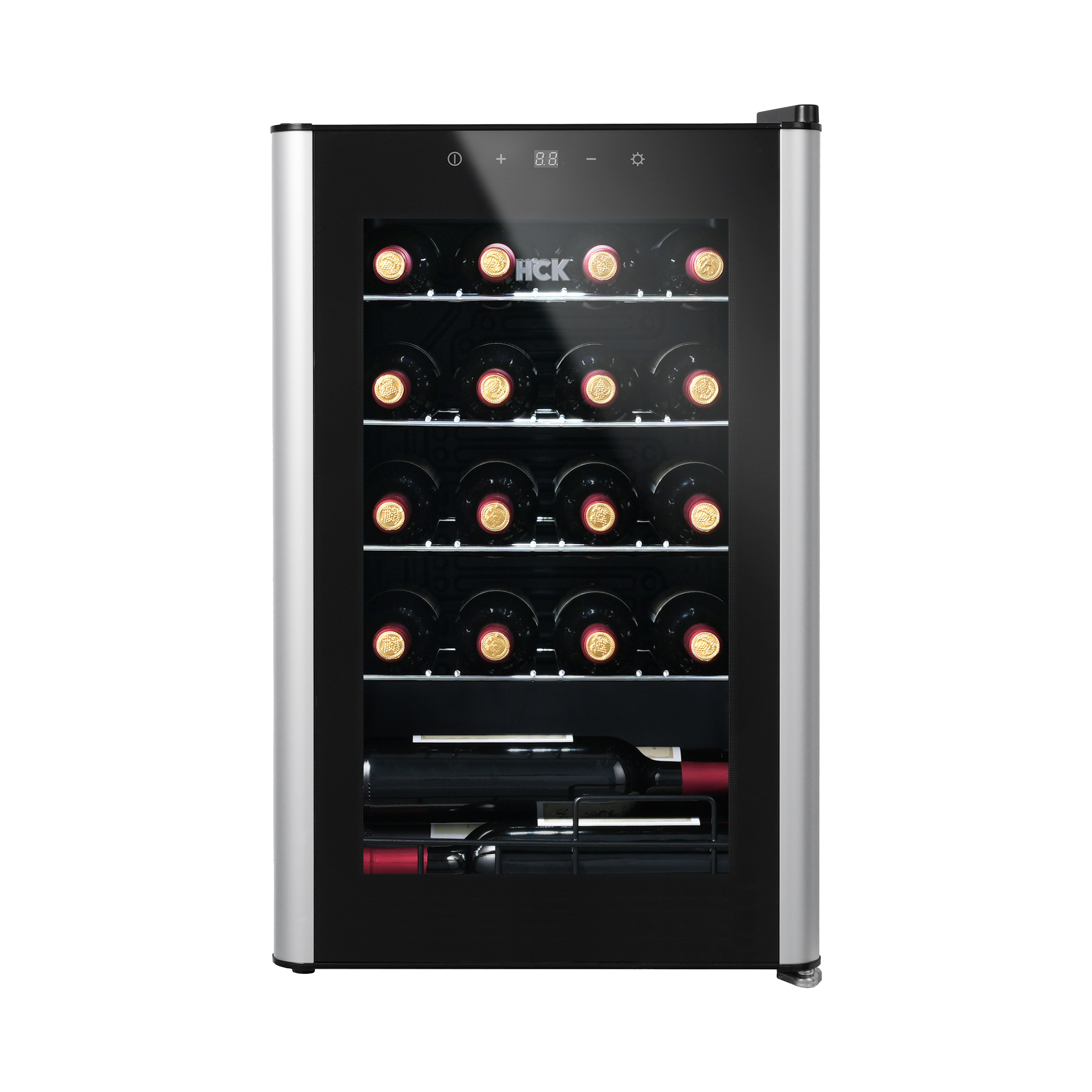 Front view of a 70L Freestanding Dual Zone Wine Fridge 24 Bottles with a glass door, showcasing the digital temperature control panel positioned on top of the door. The bottles of wine stored inside are visible through the door