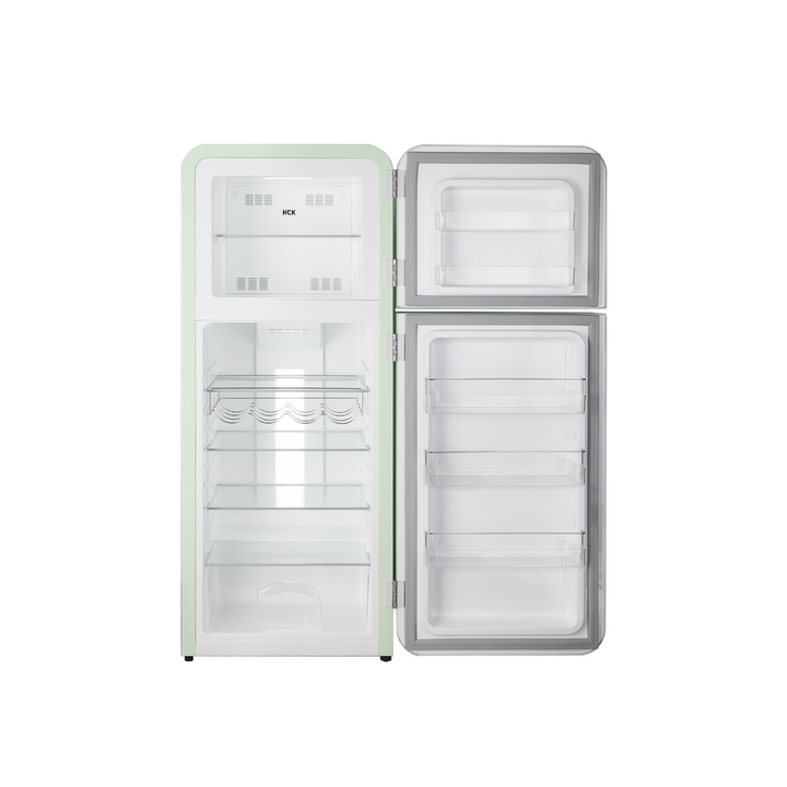 Front view of the 8.4 Cu Ft Mint Green Iconic Retro Fridge With Top Freezer with the doors open, showcasing one glass shelf in the freezer compartment and four glass shelves along with a transparent drawer and a metal wine shelf in the fridge compartment