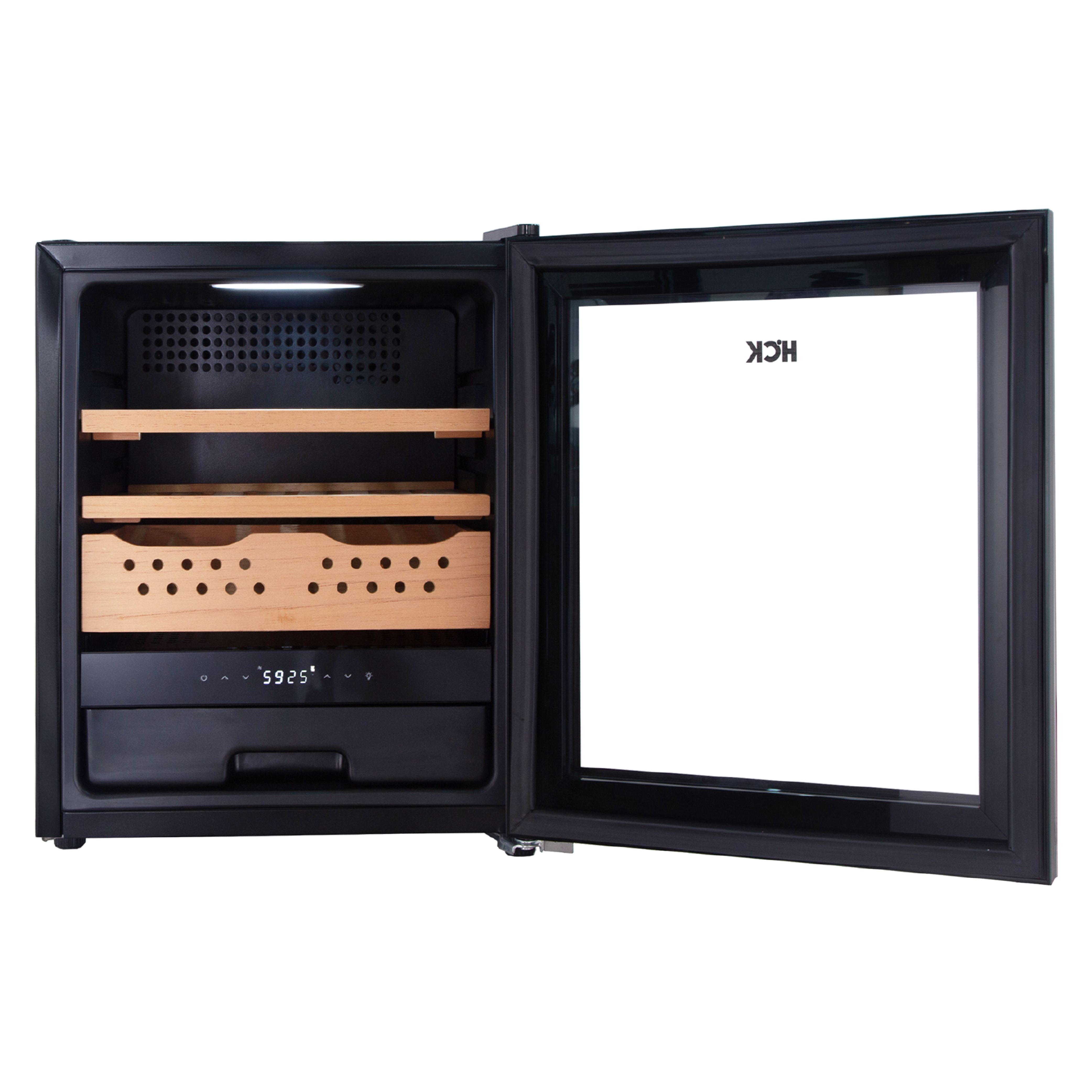 Front view of a 1.3 Cu Ft Black Cigar and Wine Fridge with open door, featuring a visible digital display