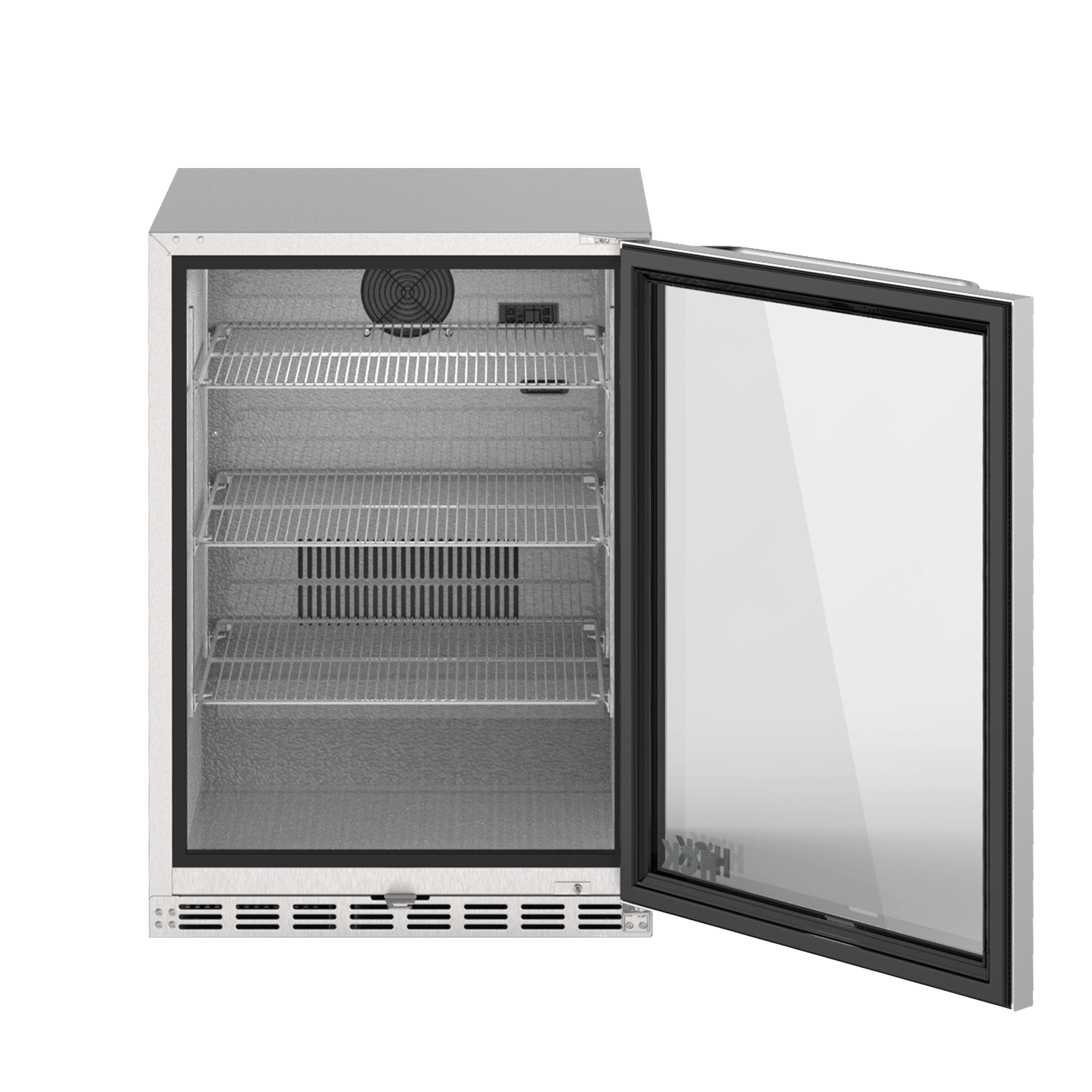 Front view of a 5.12 Cu Ft Beverage Outdoor Refrigerator with the door open, revealing the interior space equipped with three wire shelves