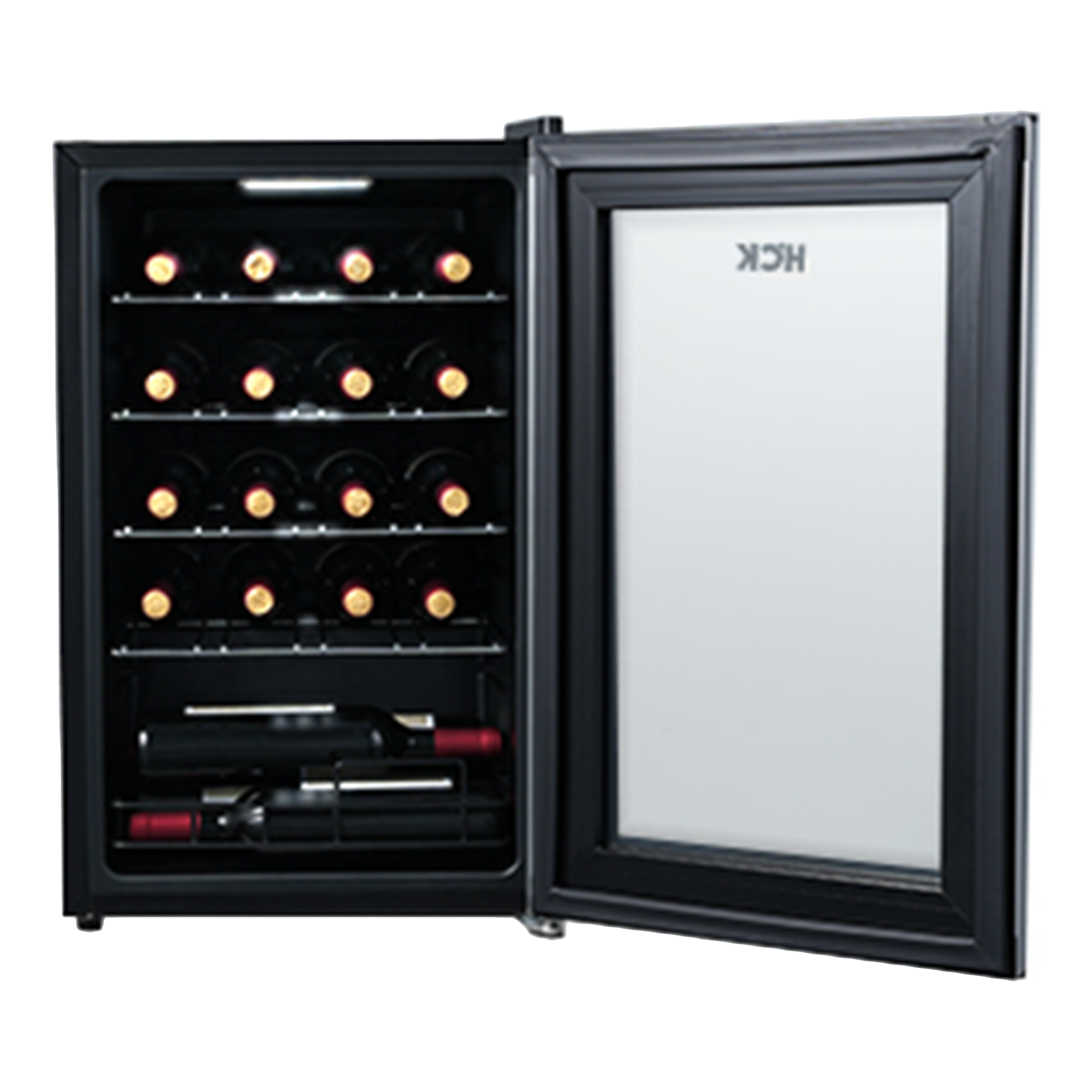 Front view of a 70L Freestanding Dual Zone Wine Fridge 24 Bottles with the door open, showcasing five stainless steel shelves fully stocked with bottles of wine