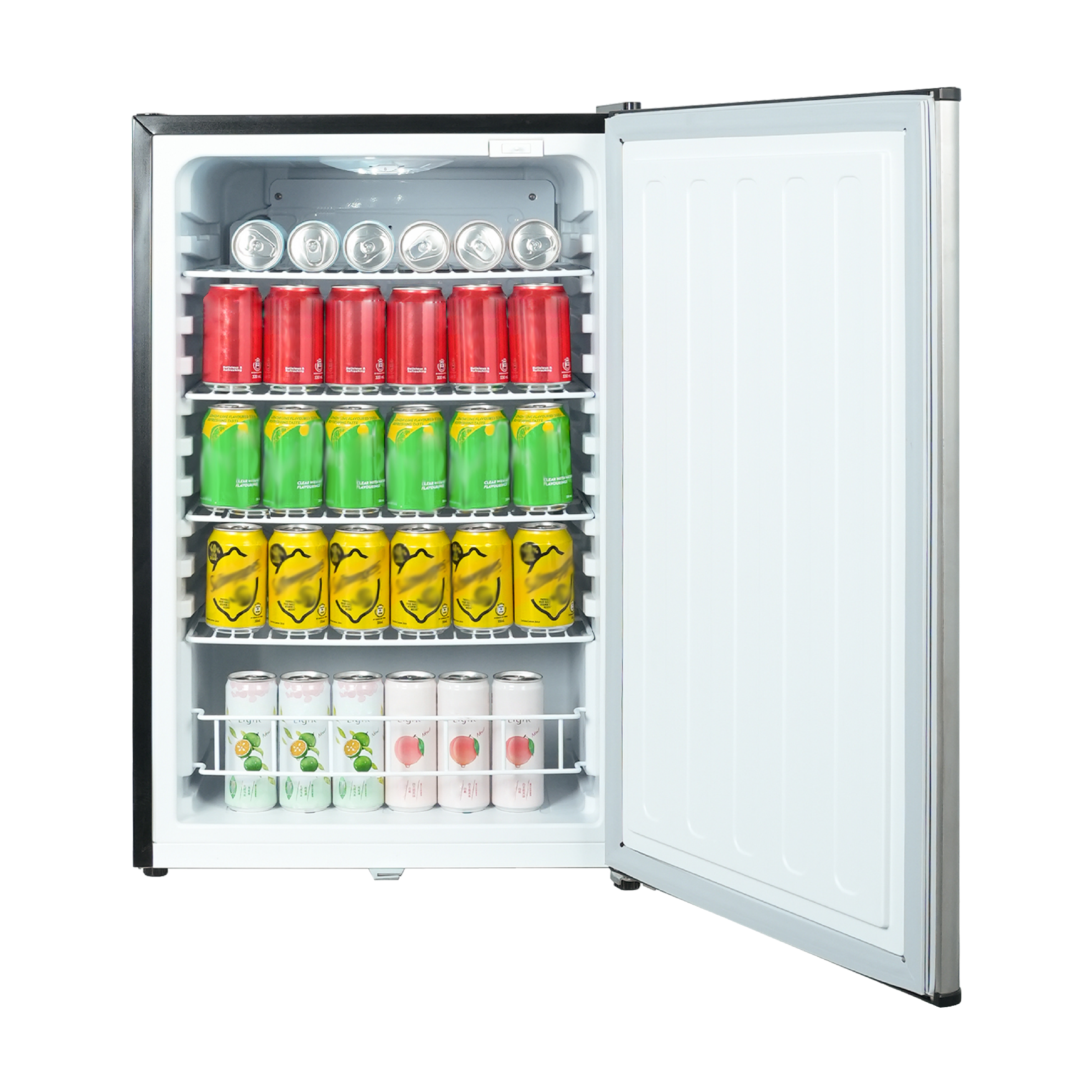 Front view of a 4.1 Cu Ft Stainless Steel Outdoor Beverage Fridge 156 cans with the door open, revealing four shelves and fully stocked with beverage cans