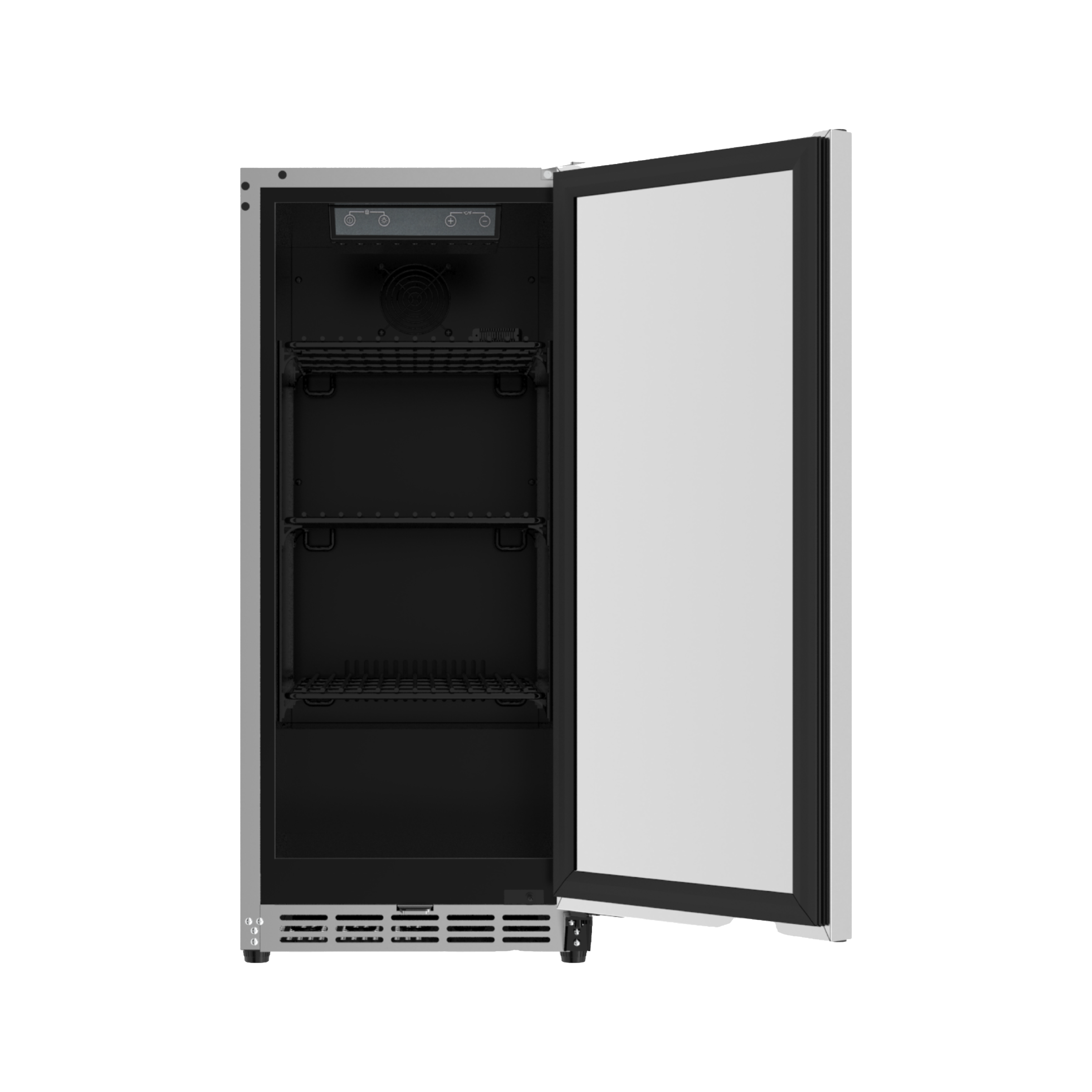 Front side of a 3.18 Cu Ft Undercounter Beverage Outdoor Refrigerator 96 cans with the door open, showcasing interior space with 3 shelves and a digital temperature control panel
