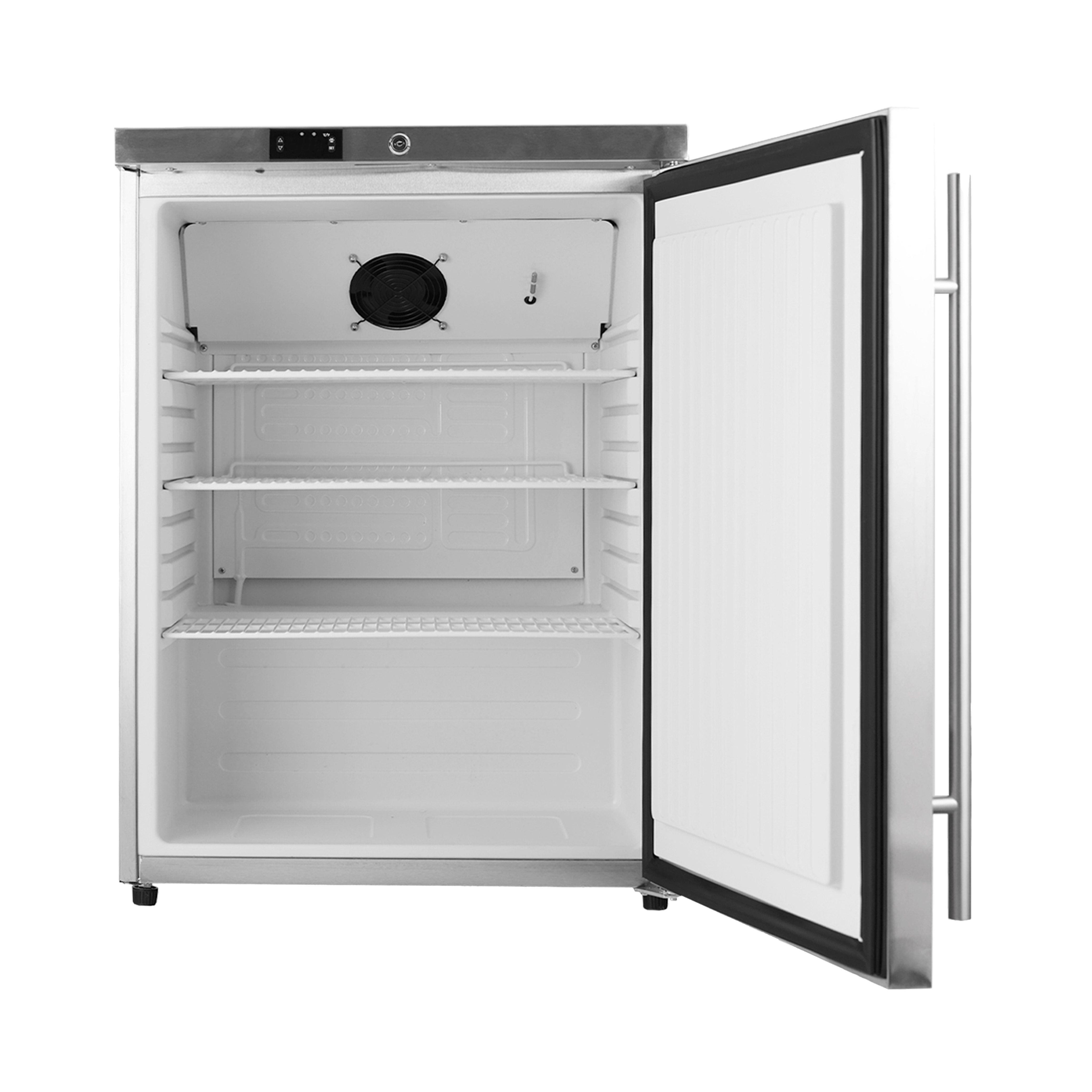 Front view of a 5.4 Cu Ft Stainless Steel Undercounter Outdoor Refrigerator with the door open, showcasing the interior space with three shelves partially stocked with cans of beverage