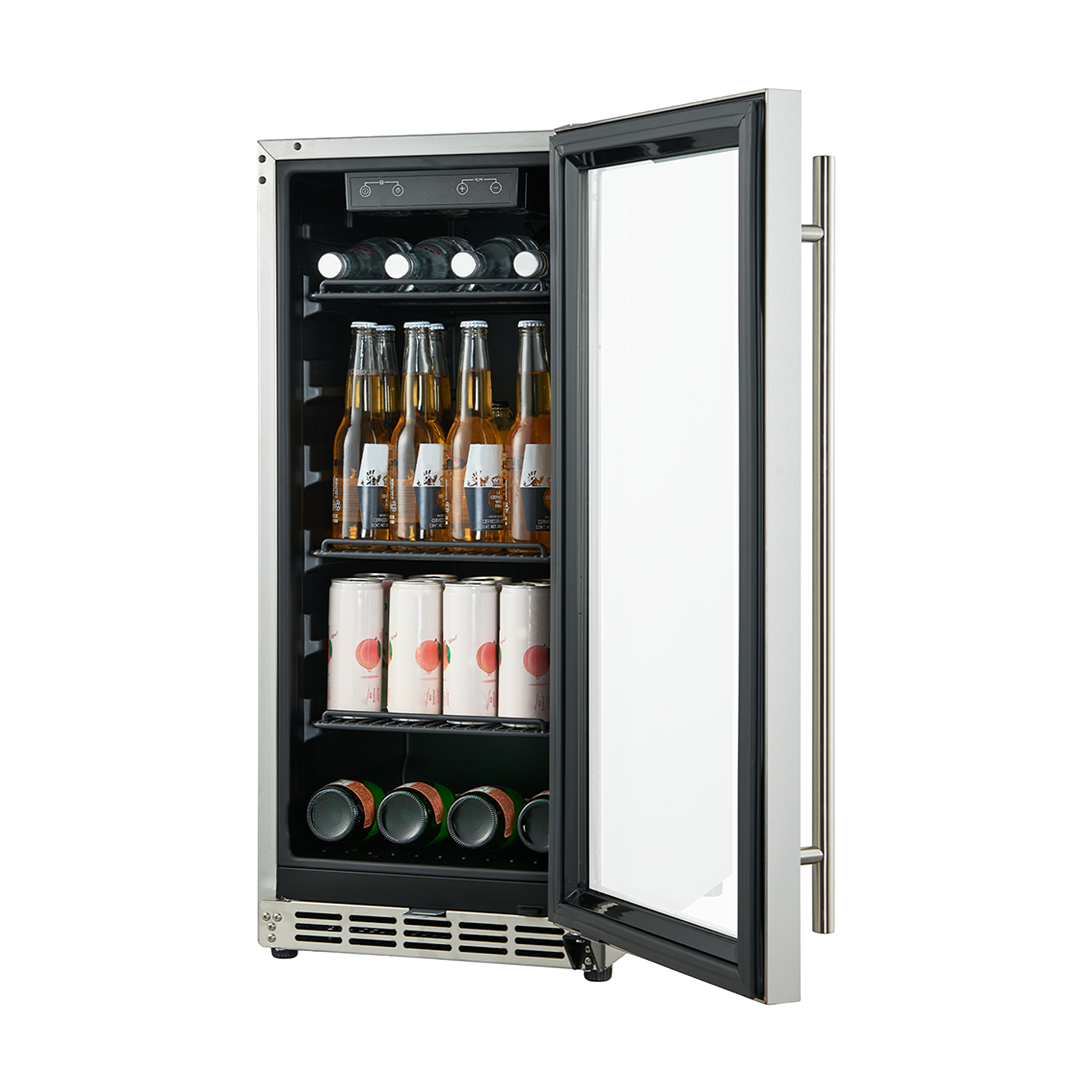 Side view of a 3.2 Cu Ft Compact Beverage Outdoor Refrigerator 96 cans with the door open, showcasing three shelves interior space full of beverage bottles and a digital temperature control panel