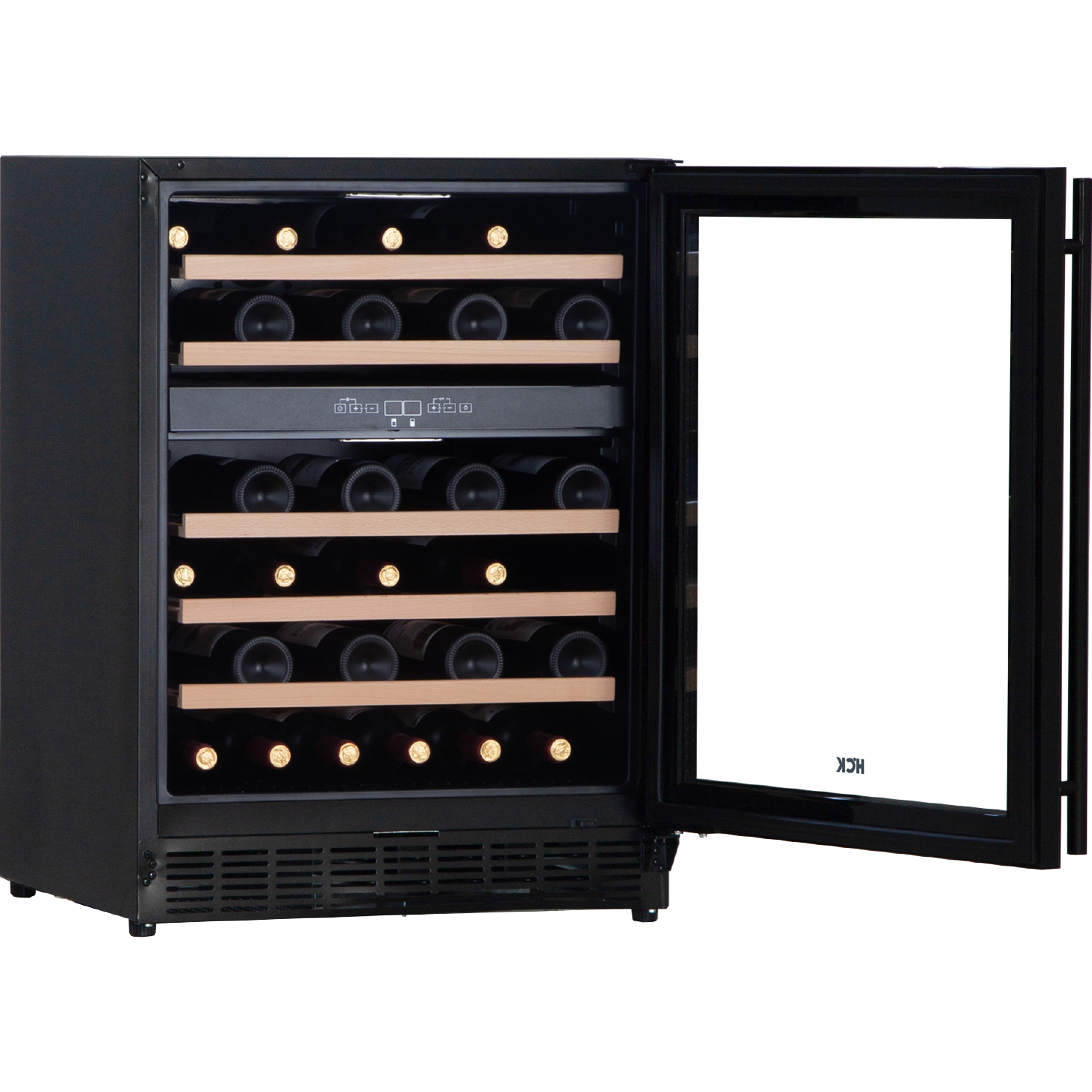 Side view of a 4.5 Cu Ft Black Dual Zone Wine Fridge 46 bottles, featuring 5 wooden shelves, a digital temperature control panel. The fridge is fully stocked with wine bottles.