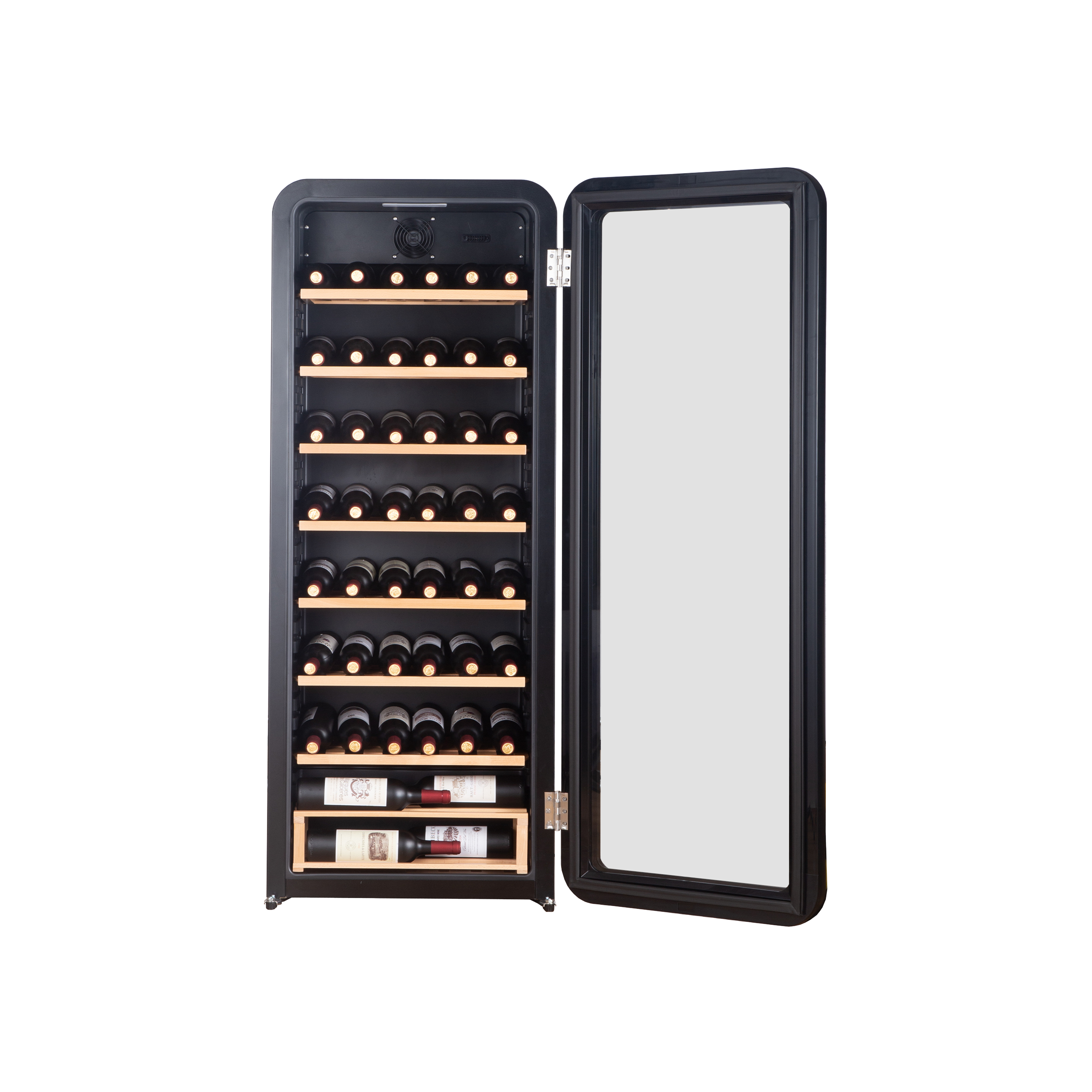 Front view of the 7.3 Cu Ft Wabi Sabi-Black Retro Style Wine Fridge 92 Bottles with the door open, displaying seven wooden shelves fully stocked with bottles of wine