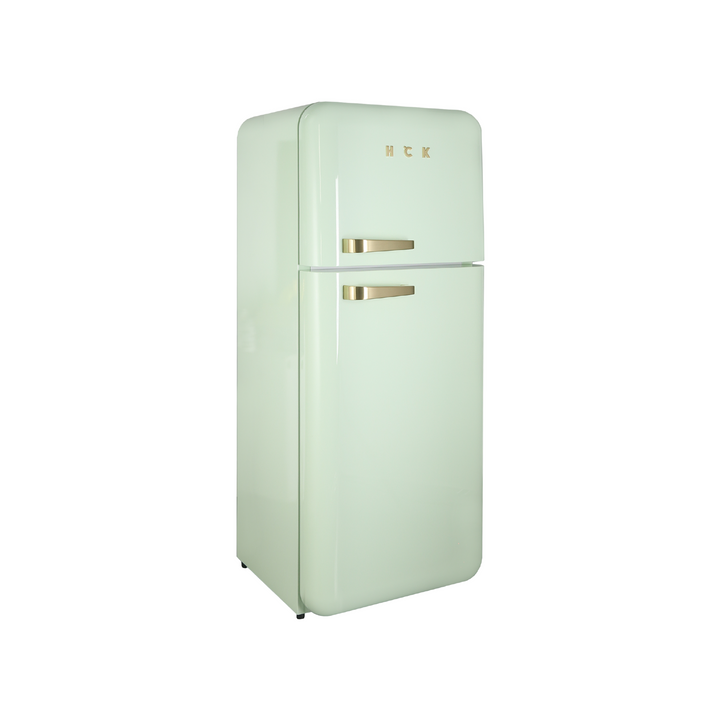 Side view of a 8.4 Cu Ft Mint Green Iconic Retro Fridge With Top Freezer