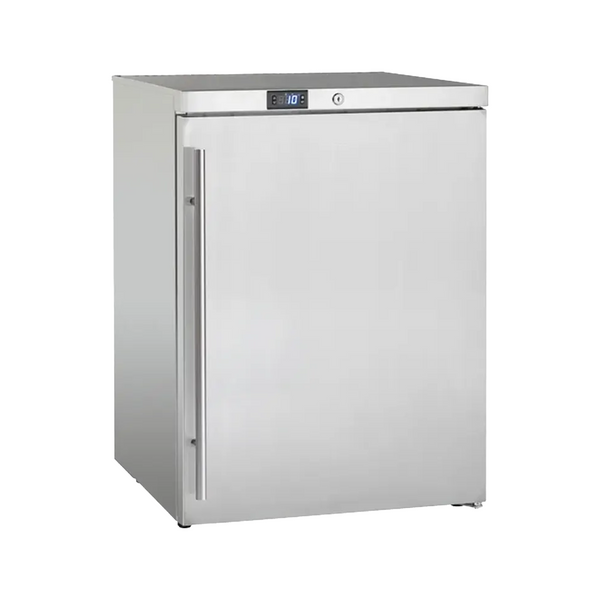 Side view of a 5.4 Cu Ft Stainless Steel Undercounter Outdoor Refrigerator