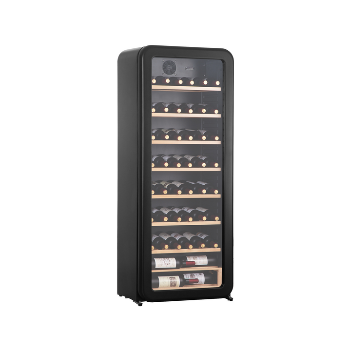 Side view of the 7.3 Cu Ft Black Retro Style Wine Fridge 92 Bottles with a transparent door. The fully stocked wine bottles inside the fridge are visible through the door