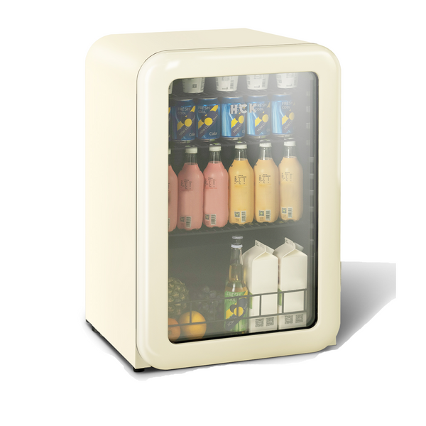 Side view of a 4.1 Cu Ft Iconic Retro Style Beverage Fridge 49 Bottles with transparent door. The contents of the fridge can be seen through the door