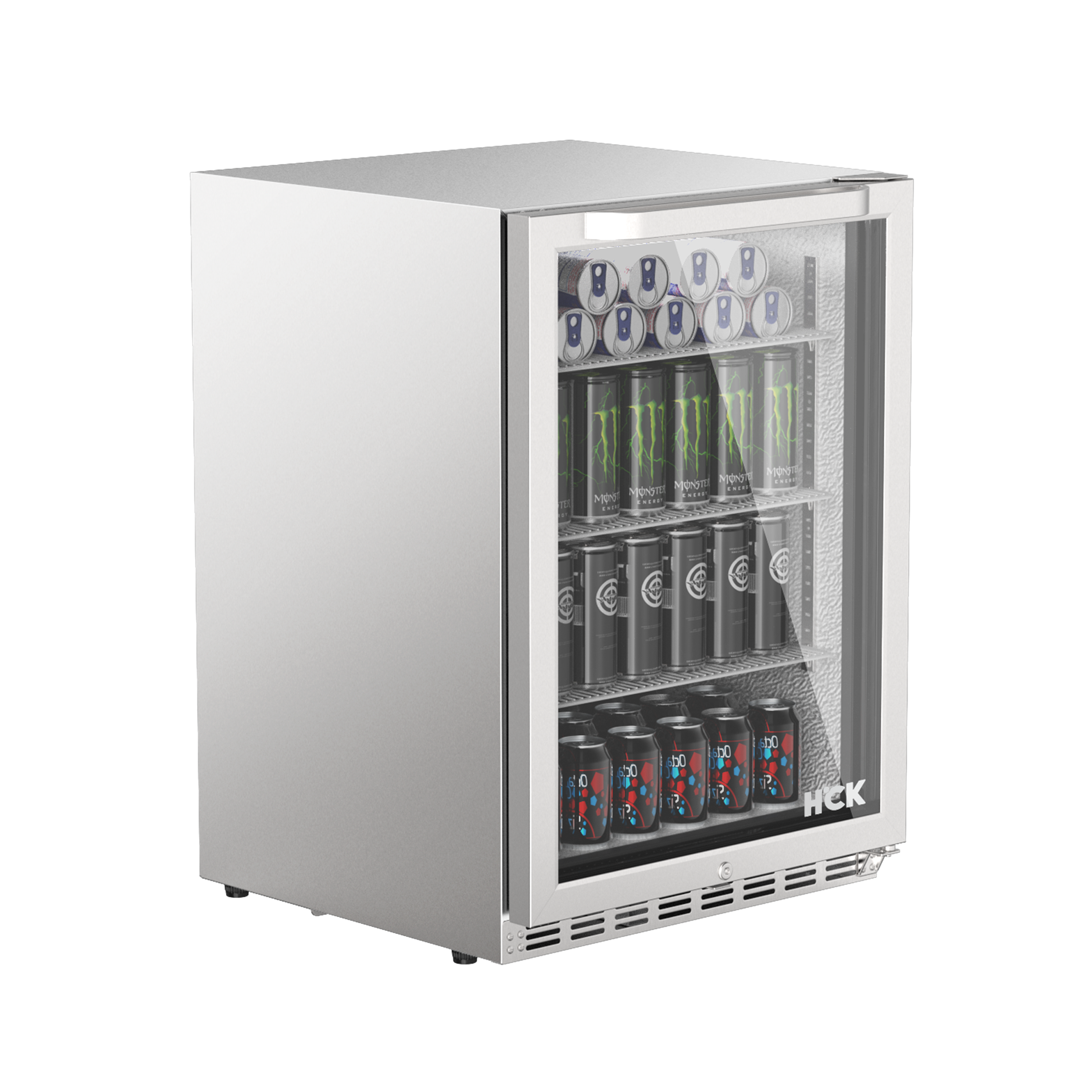 Side view of a 5.12 Cu Ft Beverage Outdoor Refrigerator 132 cans with glass door. The contents of the fridge can be seen through the door