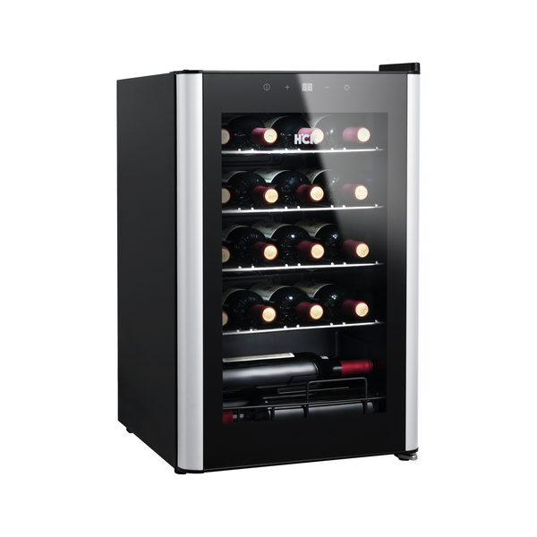 Side view of a 70L Freestanding Dual Zone Wine Fridge 24 Bottles with a glass door, showcasing the digital temperature control panel positioned on top of the door. The bottles of wine stored inside are visible through the door