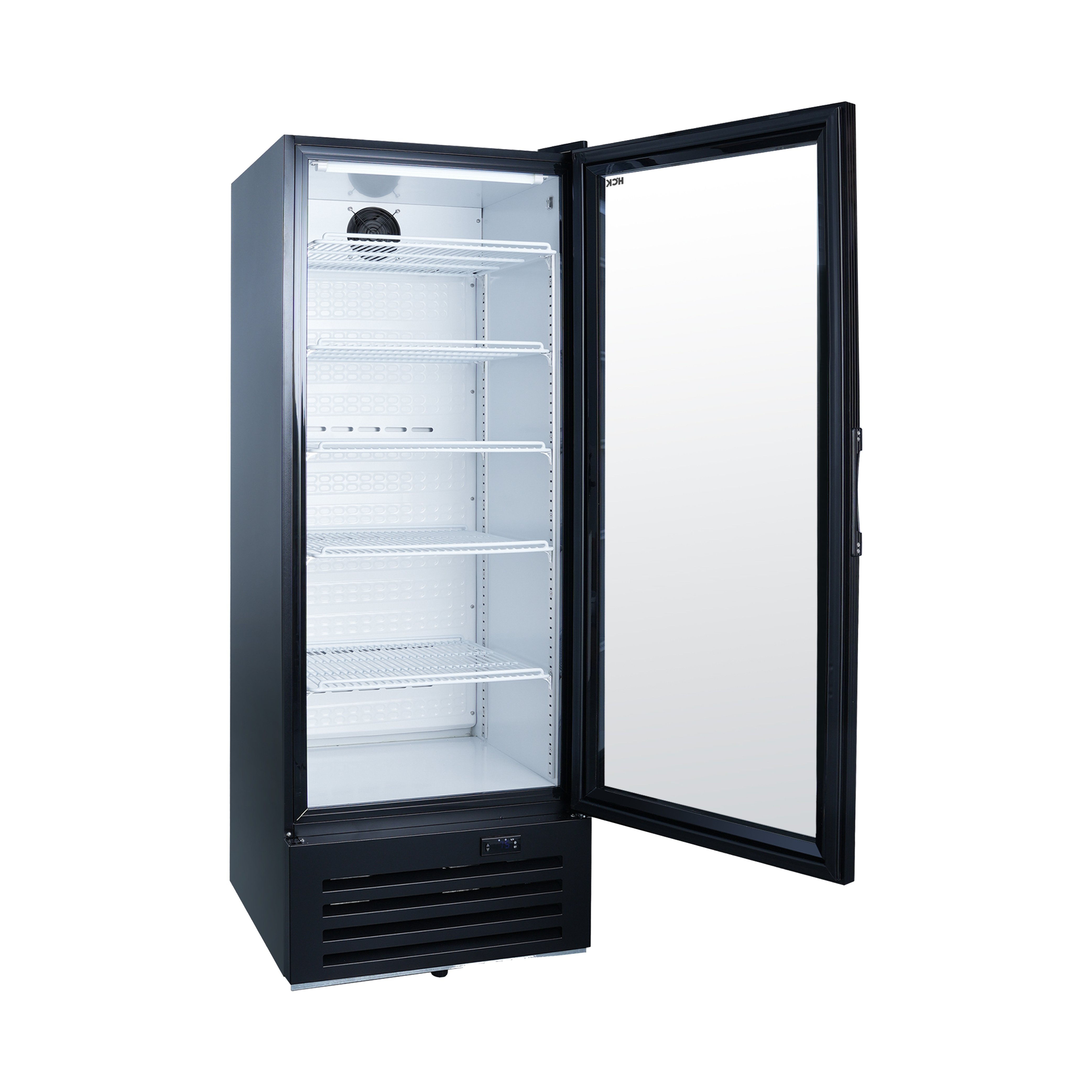 The side view of 10 Cu Ft Single Zone Compact Beverage Fridge with open door, displaying 5 shelf spaces inside
