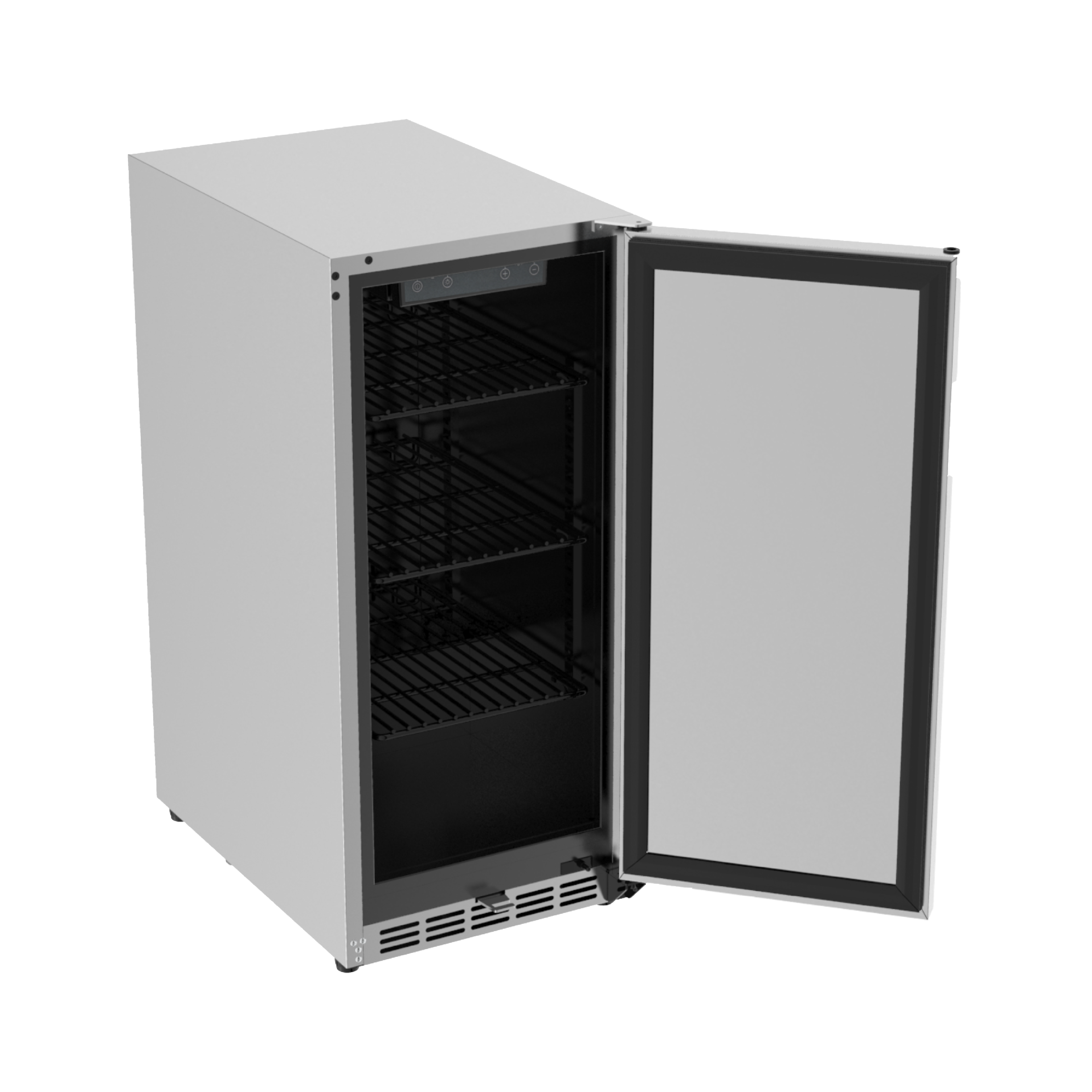 Side view of a 3.18 Cu Ft Undercounter Beverage Outdoor Refrigerator 96 cans with the door open, showcasing 3 bottle shelves and a digital temperature control panel